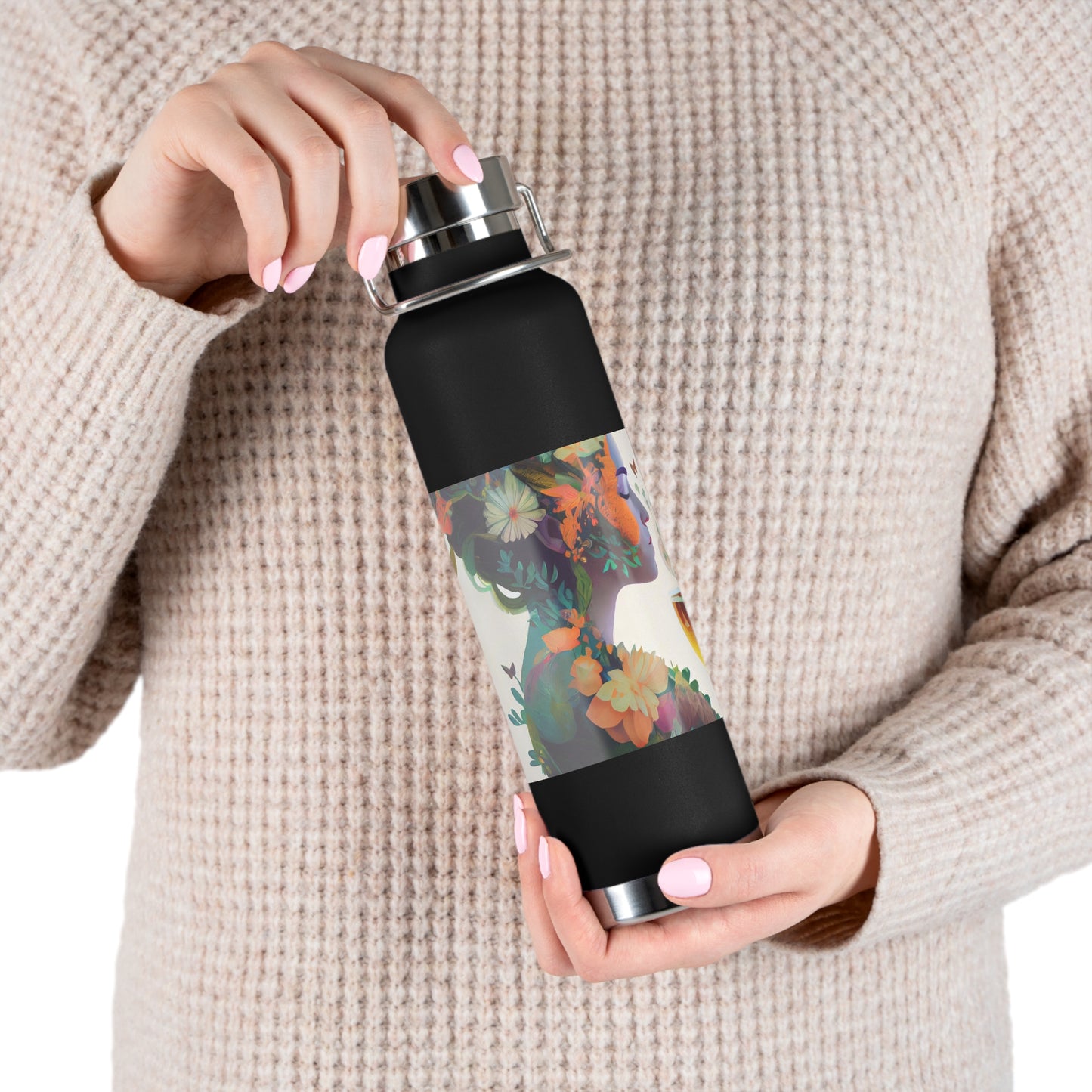 character design, double exposure shot, front profile of a beautiful tea faerie filled with a blooming amazonian jungle, happiness - Copper Vacuum Insulated Bottle, 22oz