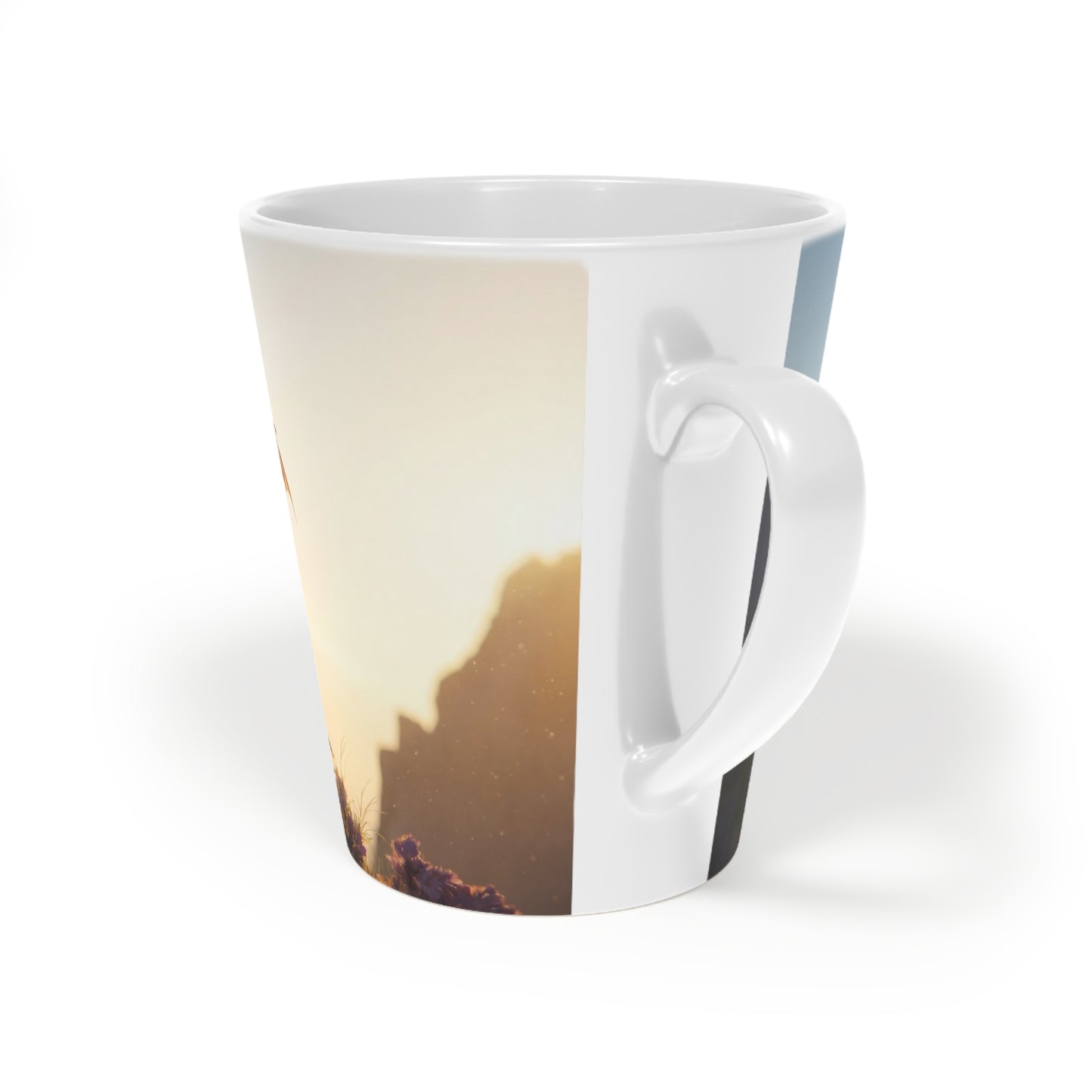 Dragon Knight Latte Mug, 12oz – Sunset Sentinel with Wings and Blade