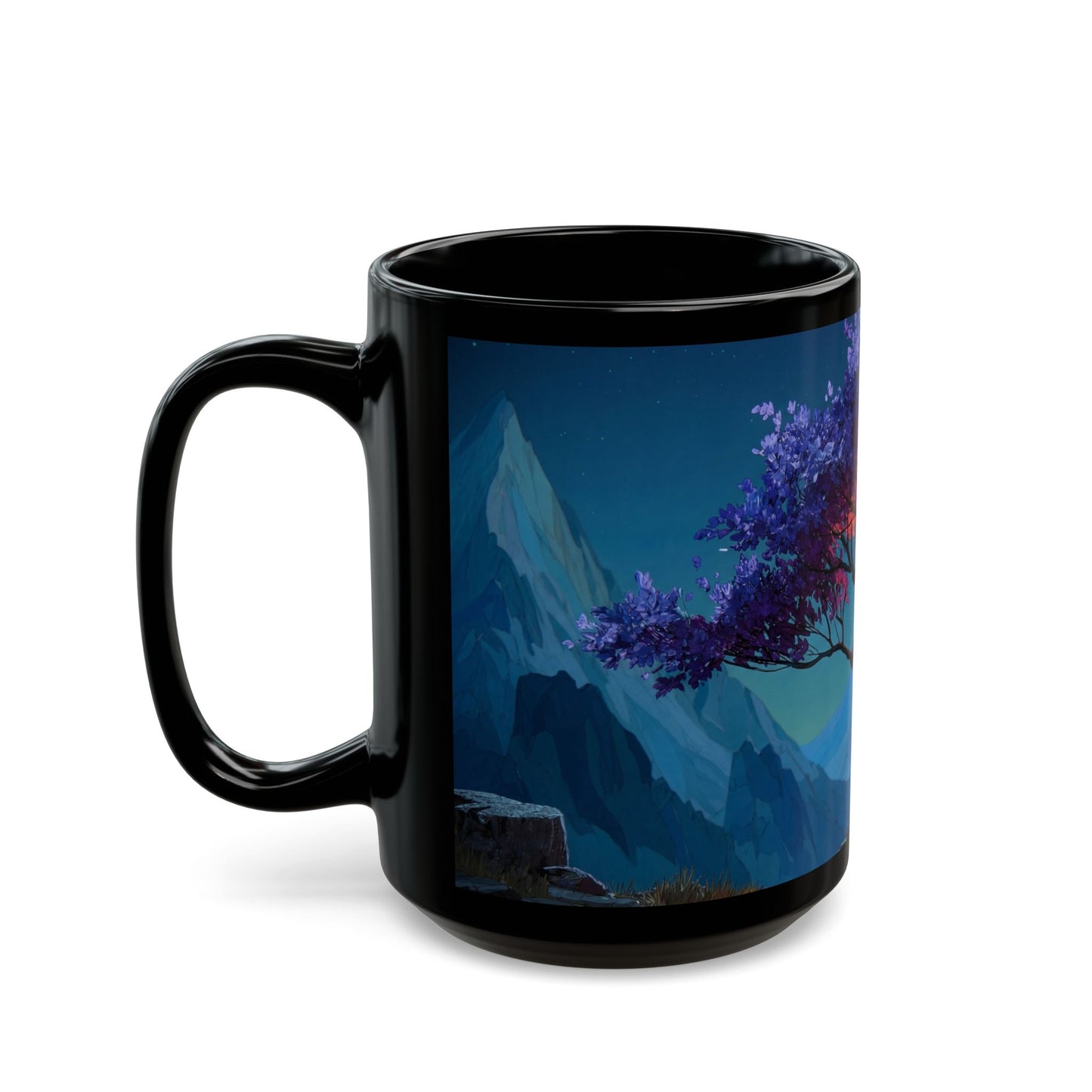 Starlit Twilight Tree Black Mug – Celestial Bloom Dreamscape