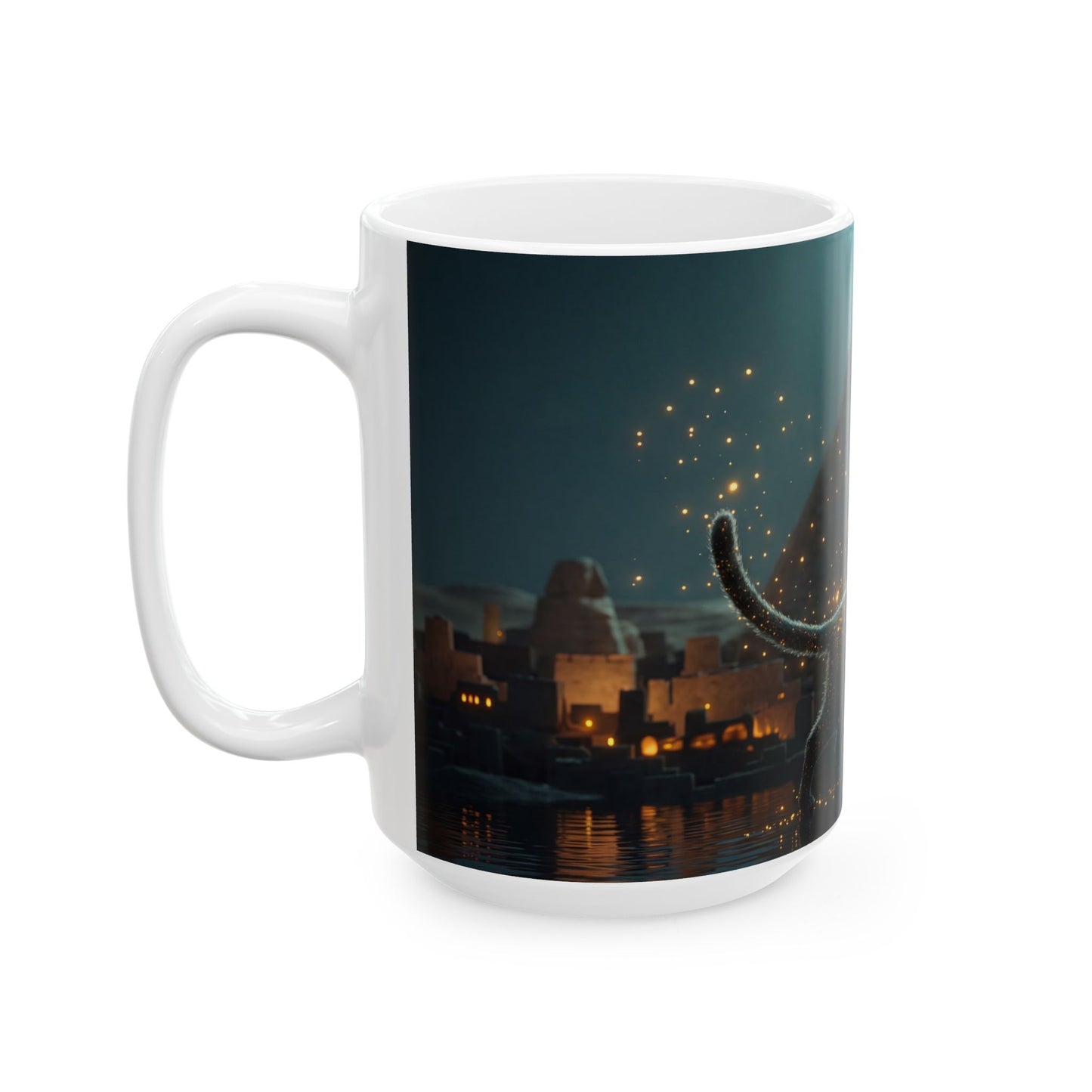 Starlit Cat by Pyramids Ceramic Mug – Midnight Magic Walks the Nile