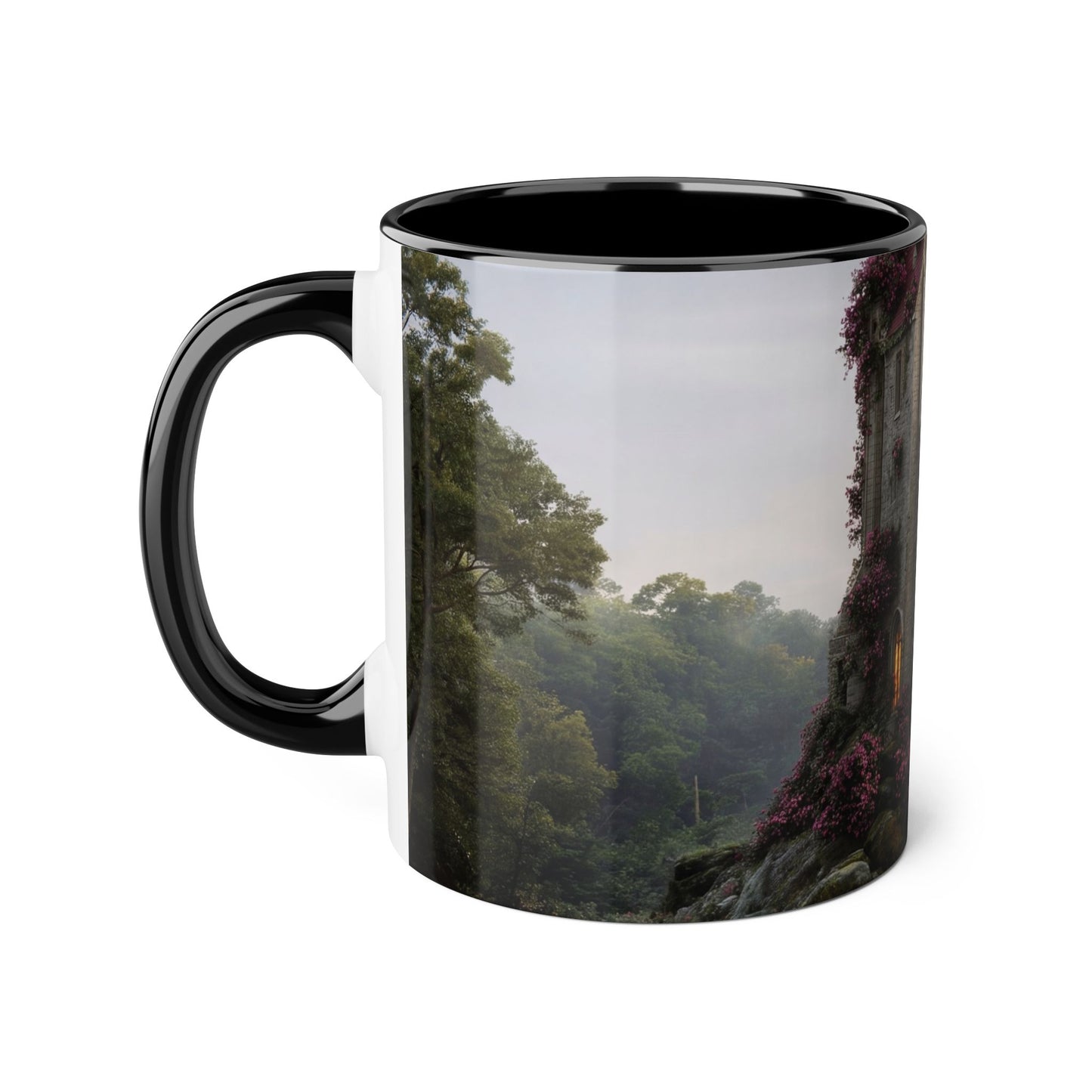 Rose-Covered Tower Accent Mugs, 11oz – Pink Bloomed Gothic Ruin