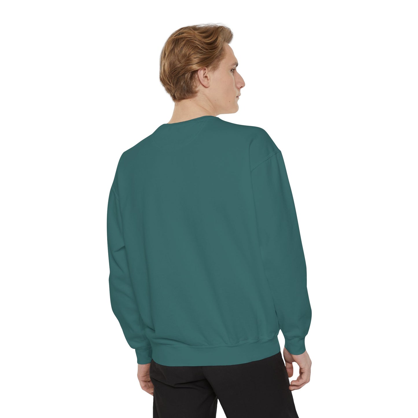 Ritz Flamingo Unisex Garment-Dyed Sweatshirt – Brass Ornate Crest with Pink Bird