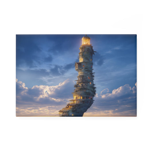 Skyborne Lighthouse Button Magnet, Rectangle (1 & 10 pcs) – A Tower of Warm Light Rising Through Clouds