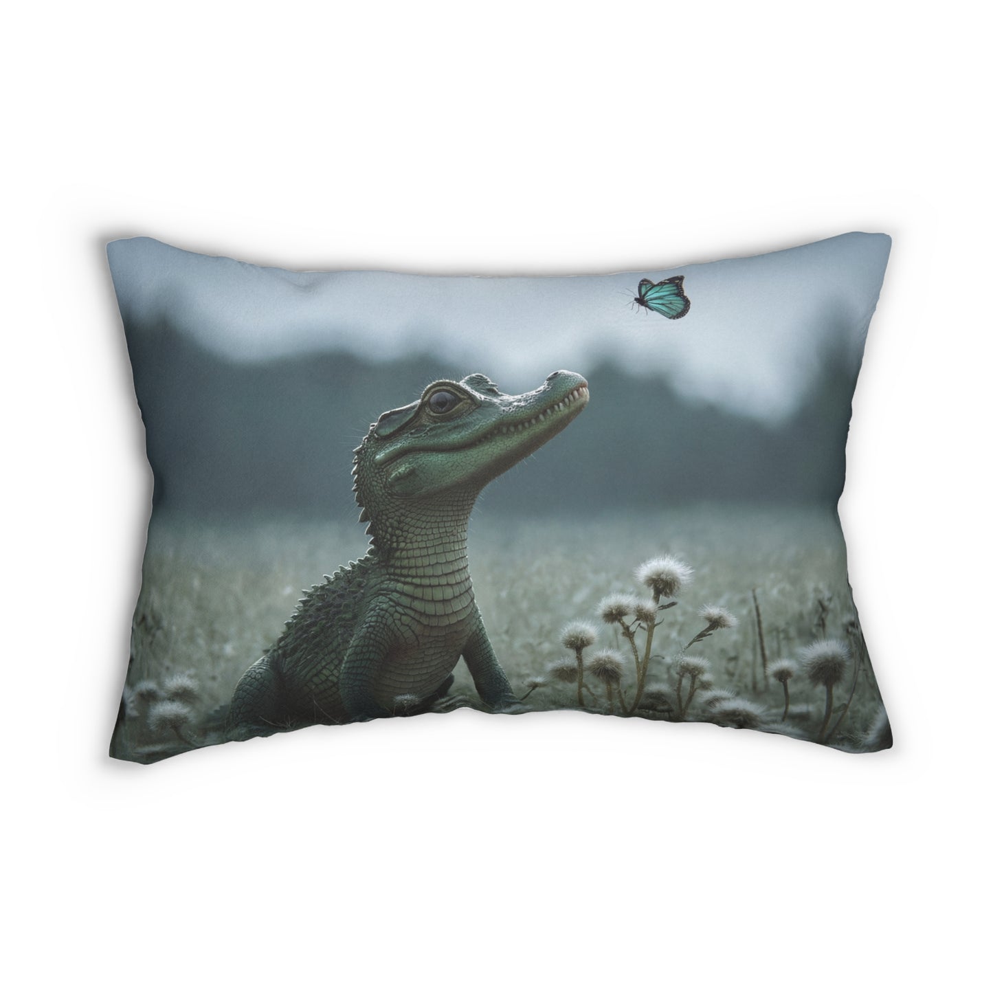 Curious Caiman Lumbar Pillow – Emerald Gaze Meets Azure Butterfly