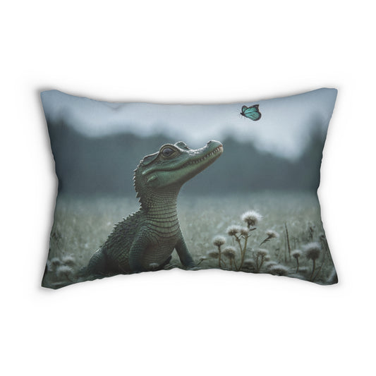 Curious Caiman Lumbar Pillow – Emerald Gaze Meets Azure Butterfly