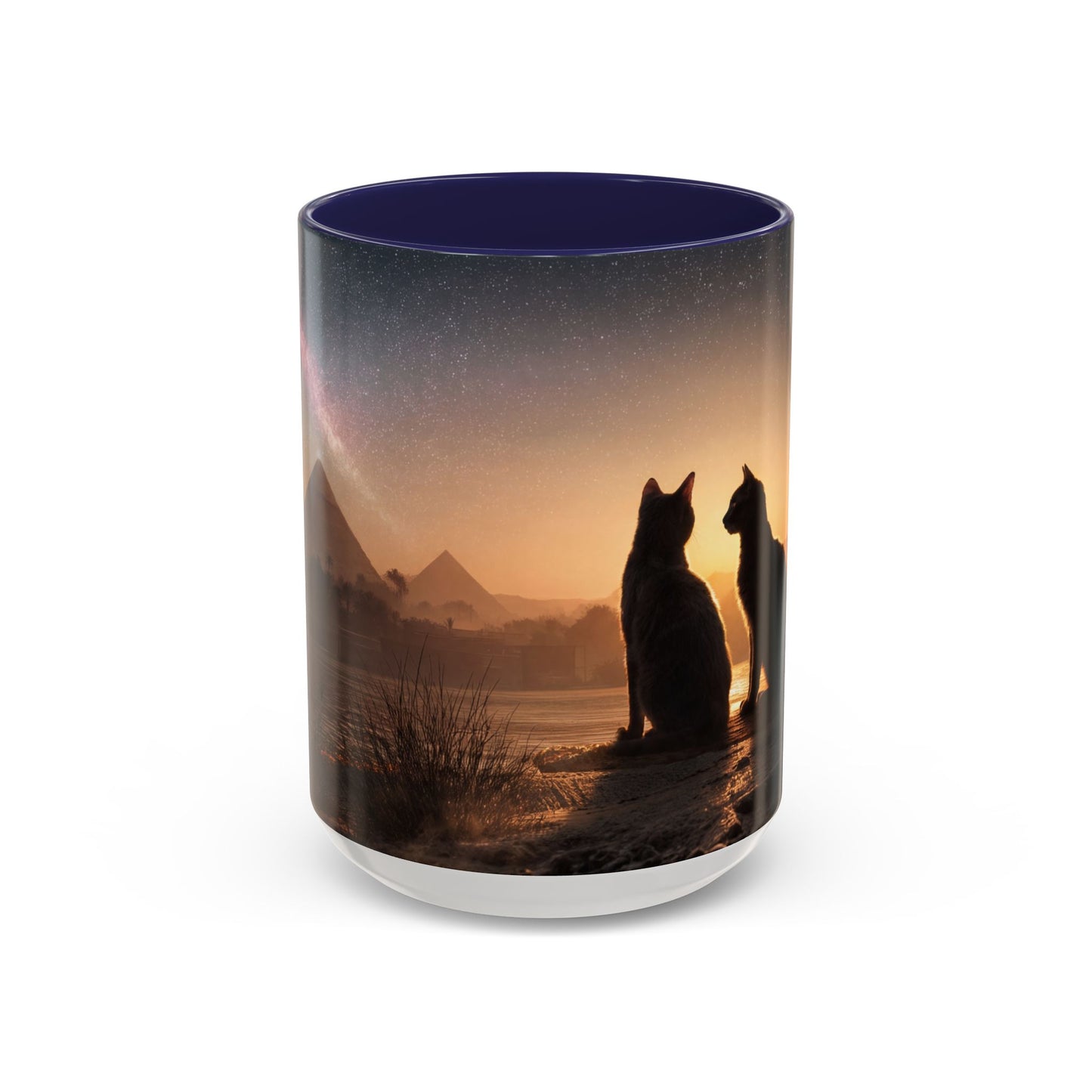 Starry Nile Guardian Cats Accent Coffee Mug (11, 15oz) – Ancient Pyramids Milky Way