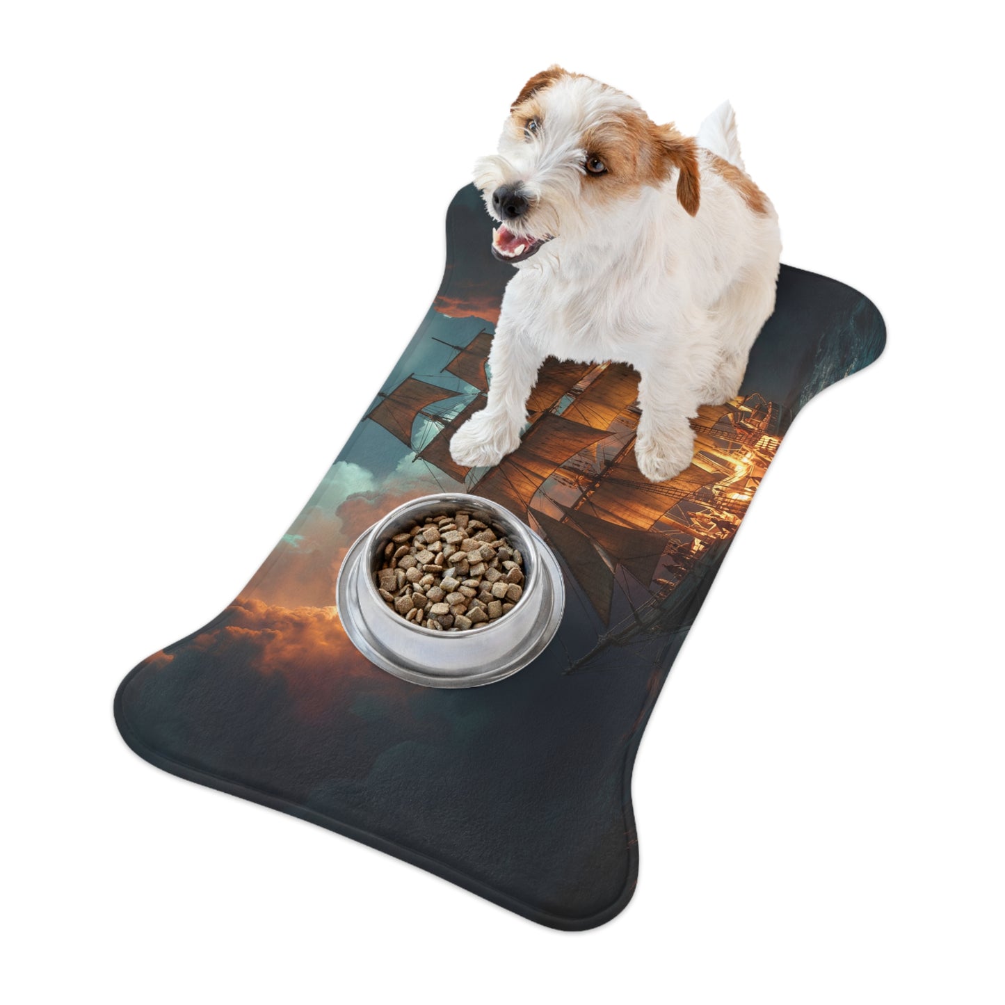 Storm-Beaten Galleon Pet Feeding Mats – Golden Sails on Tempestuous Seascape