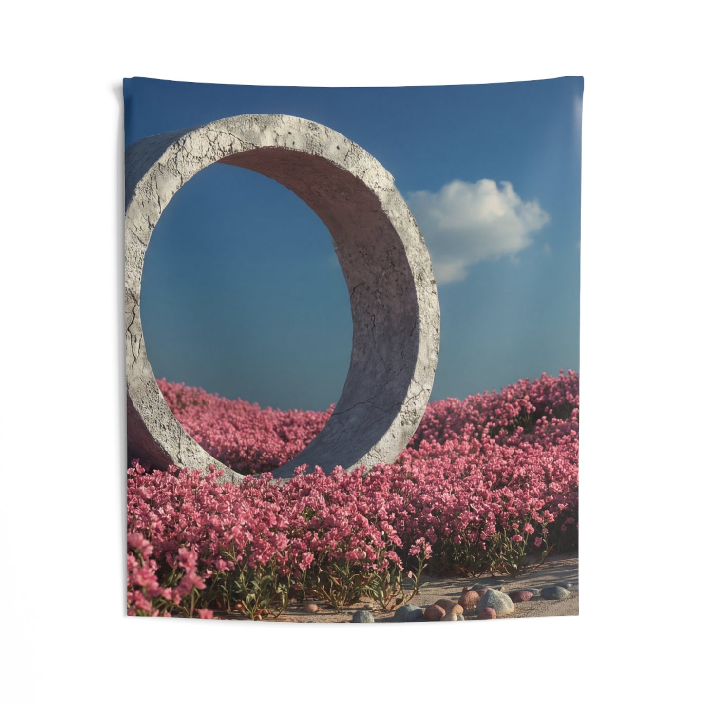 Stone Circle in Pink Bloom Field – Ethereal Gateway Wall Tapestry