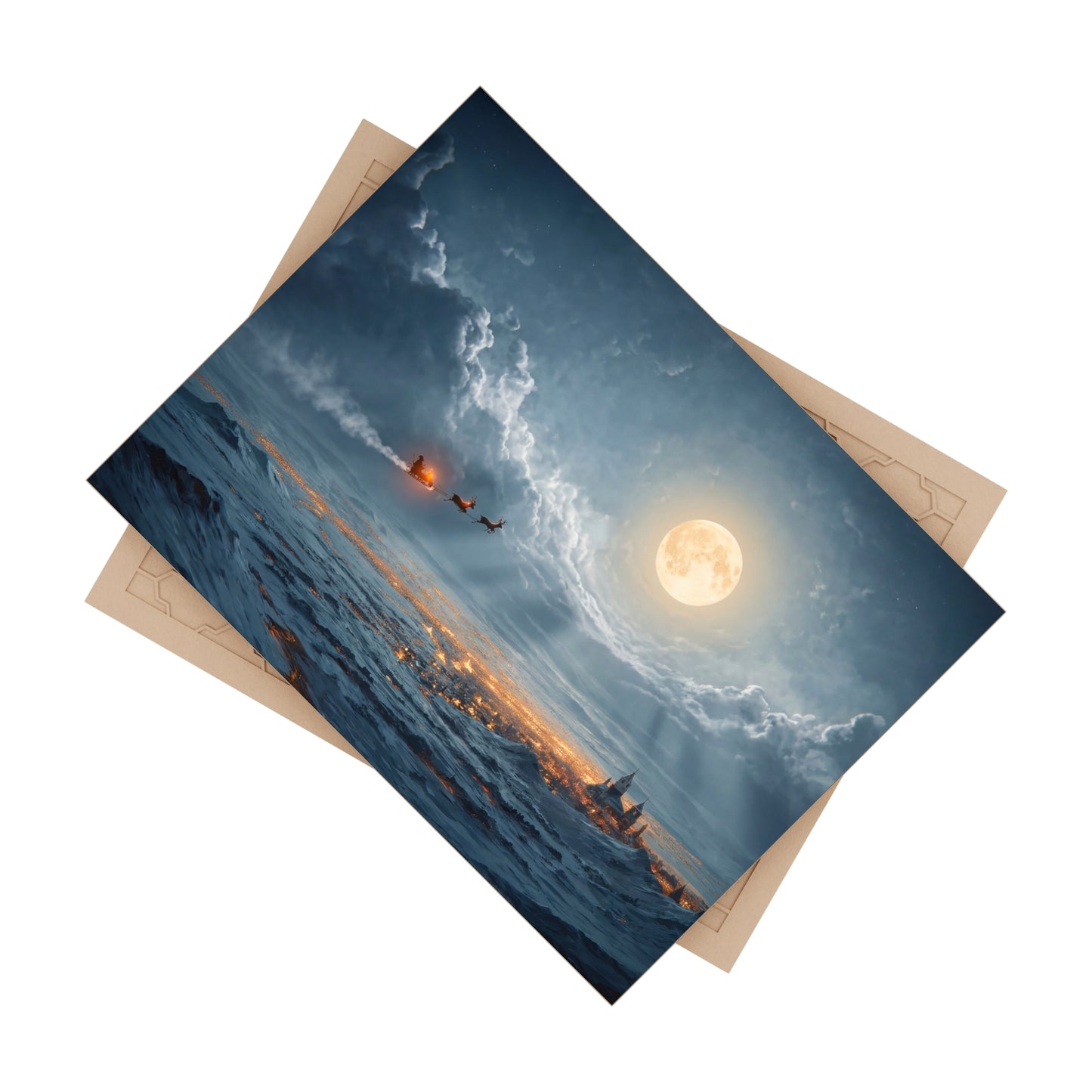Midnight Santa Flight Ceramic Photo Tile – Glowing Moon Over Winter Town