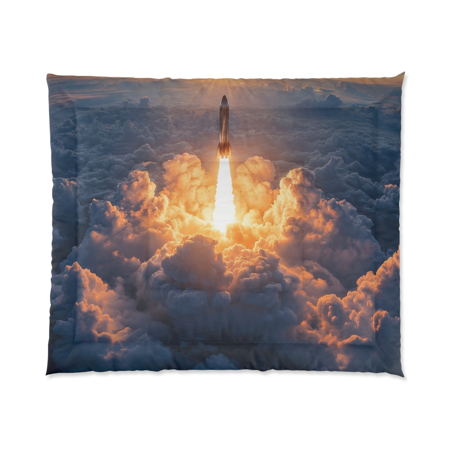 Rocket Ascension Comforter – Sunburst Launch Through Cloudscape