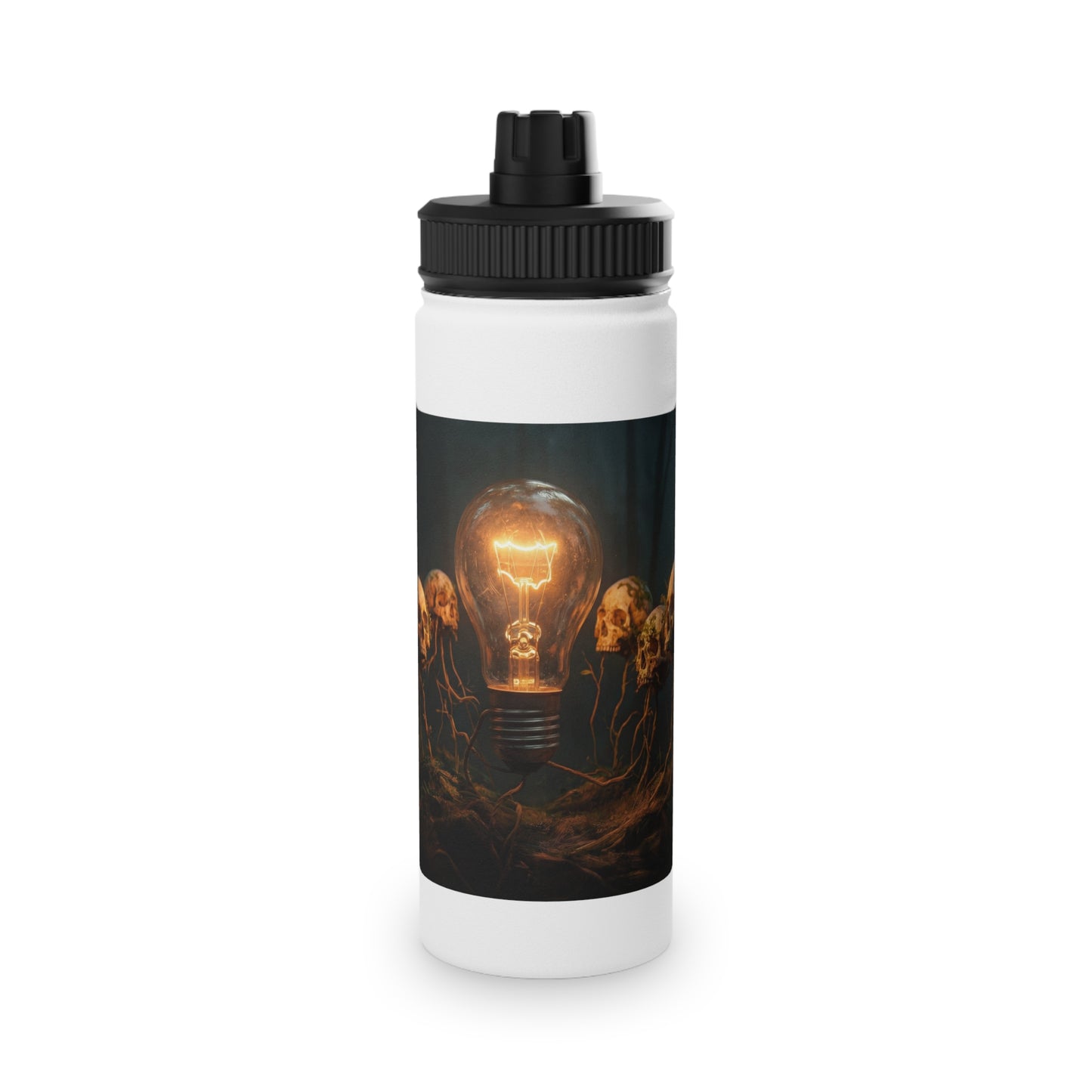 Illuminated Idea Lightbulb Stainless Steel Water Bottle, Sports Lid – Whispering Forest of Forgotten Minds