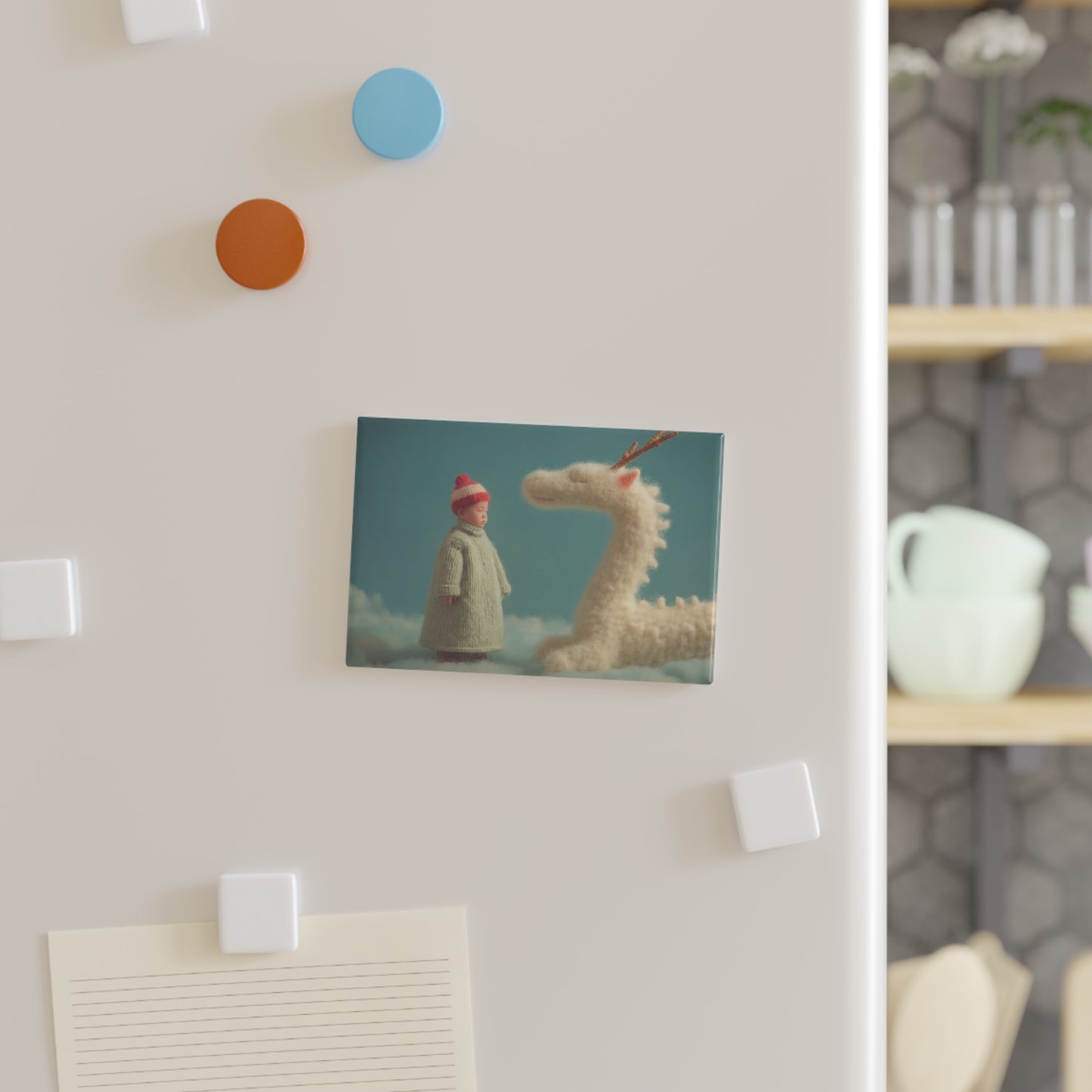 Child and Dragon on Clouds Button Magnet, Rectangle (1 & 10 pcs) – Quiet Fellowship in Skyward Softness