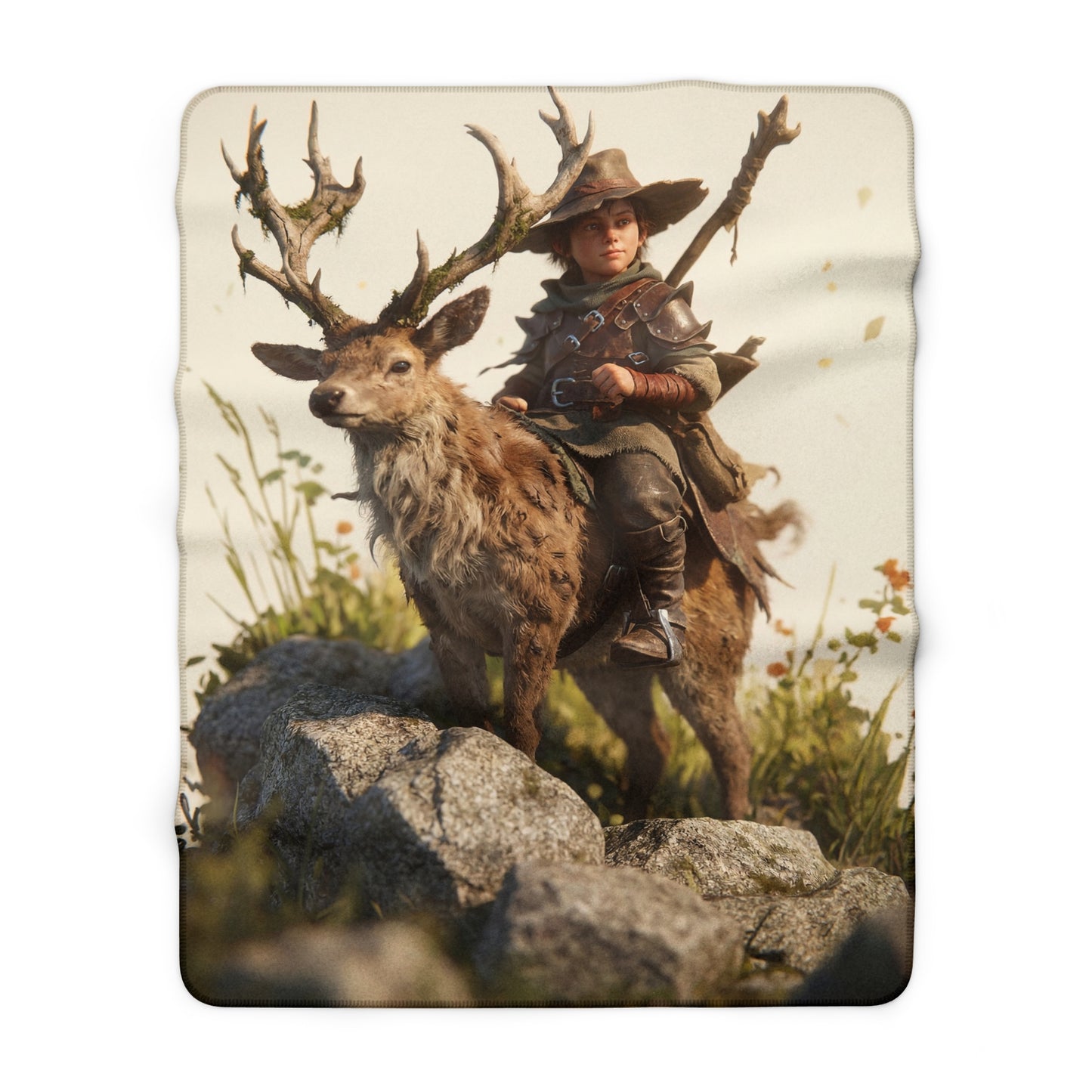 Boy with Antlered Deer Sherpa Fleece Blanket – Sunlit Mountain Guardian