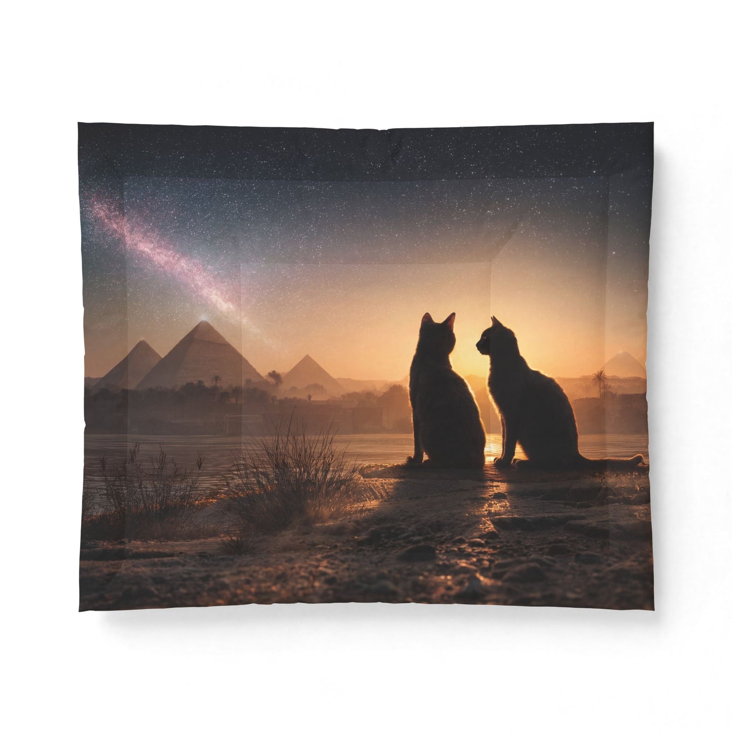 Starlit Pyramids Twin Cats Comforter – Desert Sunset Galaxy Dreamscape