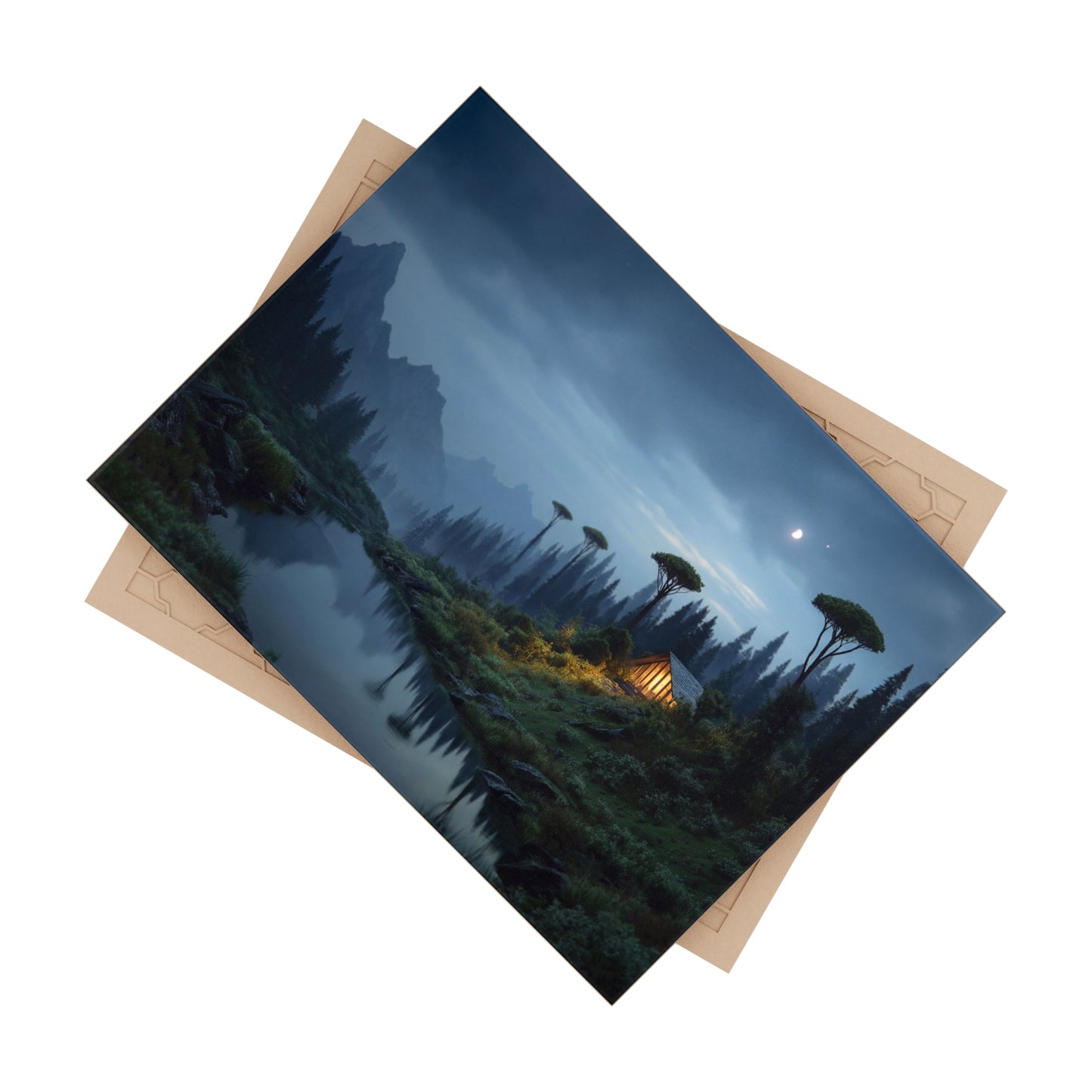 Mountain Cabin Moonlight Ceramic Photo Tile – Whispering River Sanctuary