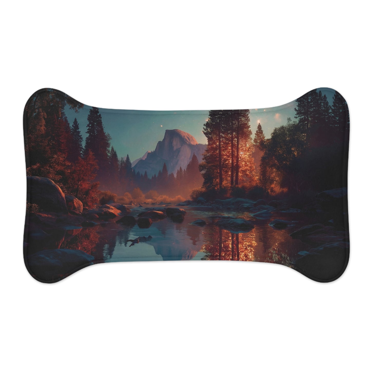 Starlit Yosemite River Mat – Crimson Twilight Reflections