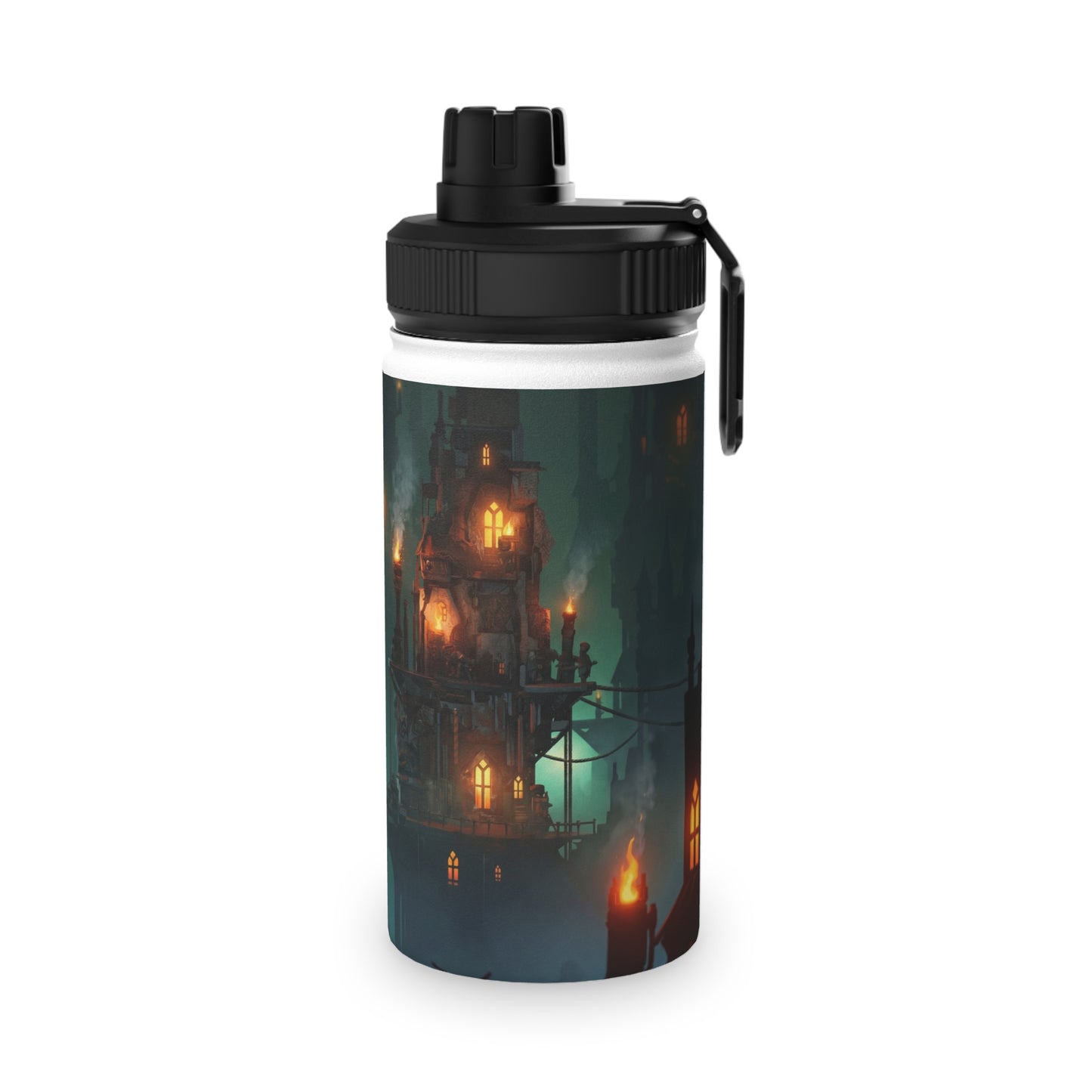 Floating City at Dusk Stainless Steel Water Bottle, Sports Lid – Amber Lights in the Mist