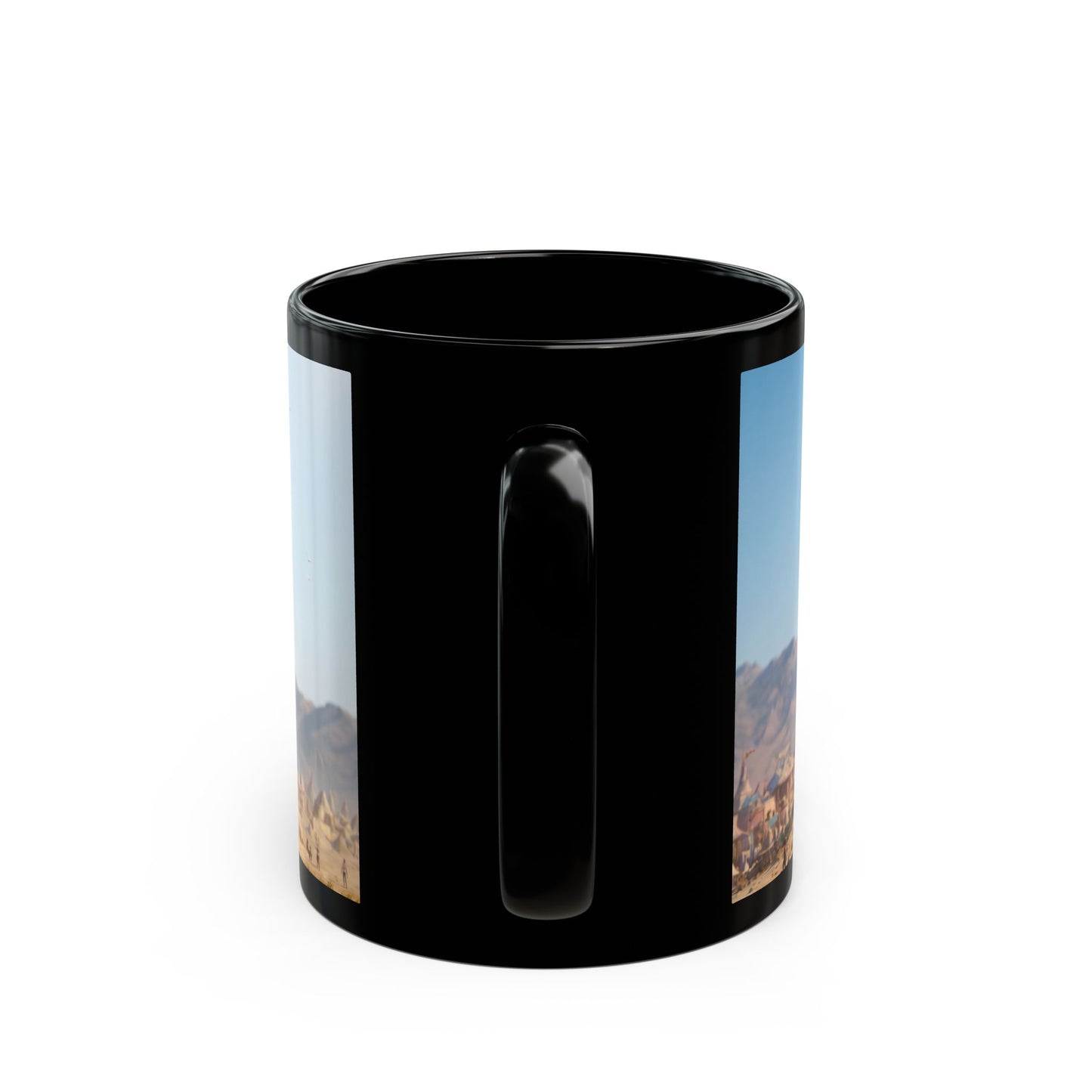 Desert Citadel Black Mug – Sunlit Ruins & Wanderer’s Path