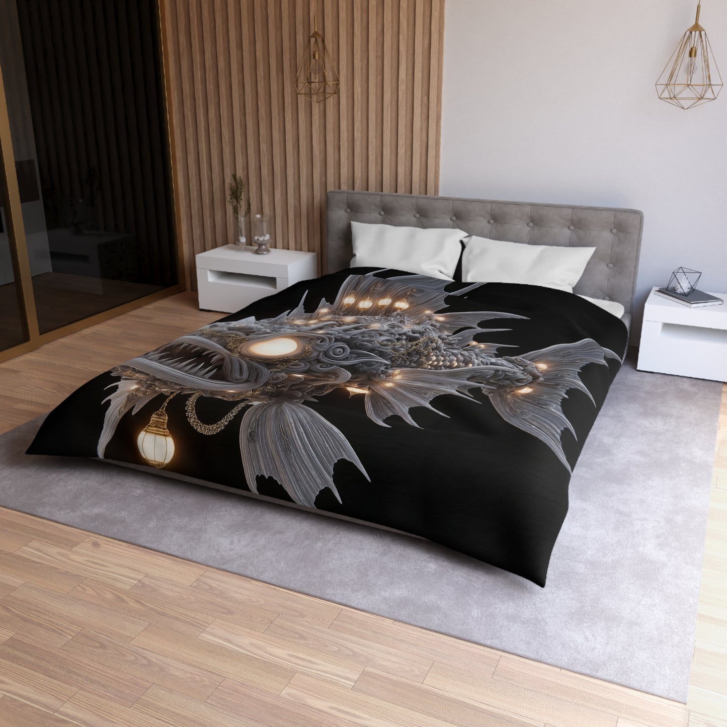 Lantern-Filled Deep-Sea Sentinel Microfiber Duvet Cover – Bioluminescent Abyss Dreamscape