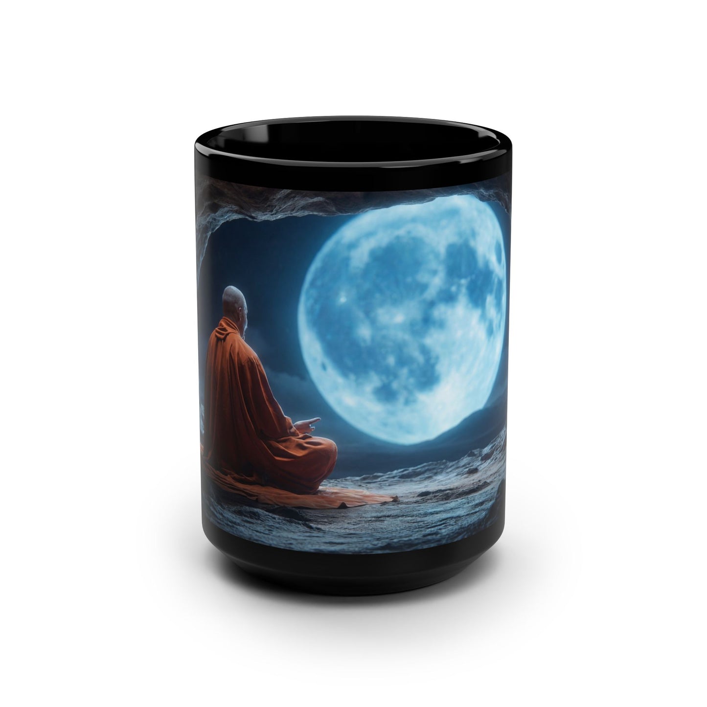 Moonlit Monk Meditation Mug – Serene Blue Glow Night Scene