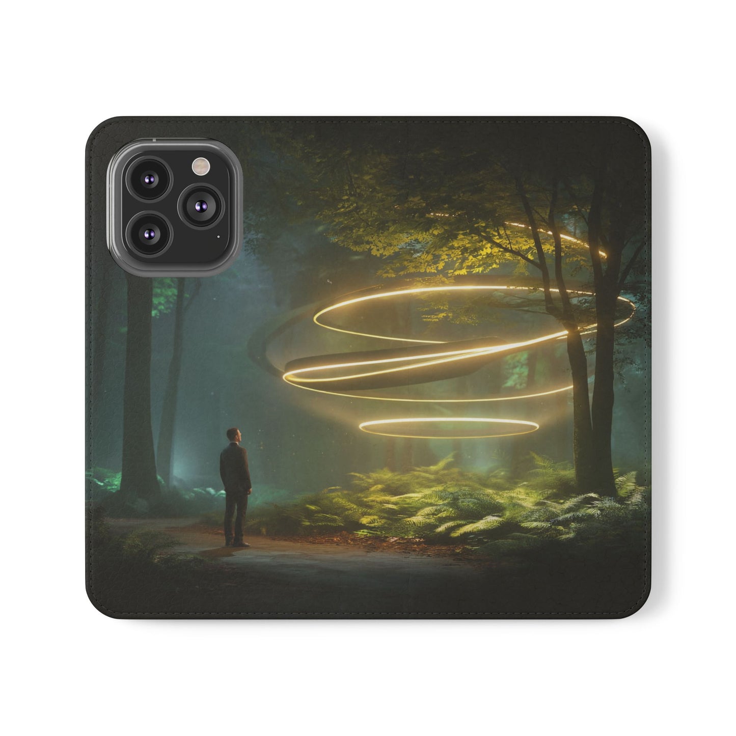 Luminous Spiral Forest Flip Cases – Golden Light Rings Mystery Scene