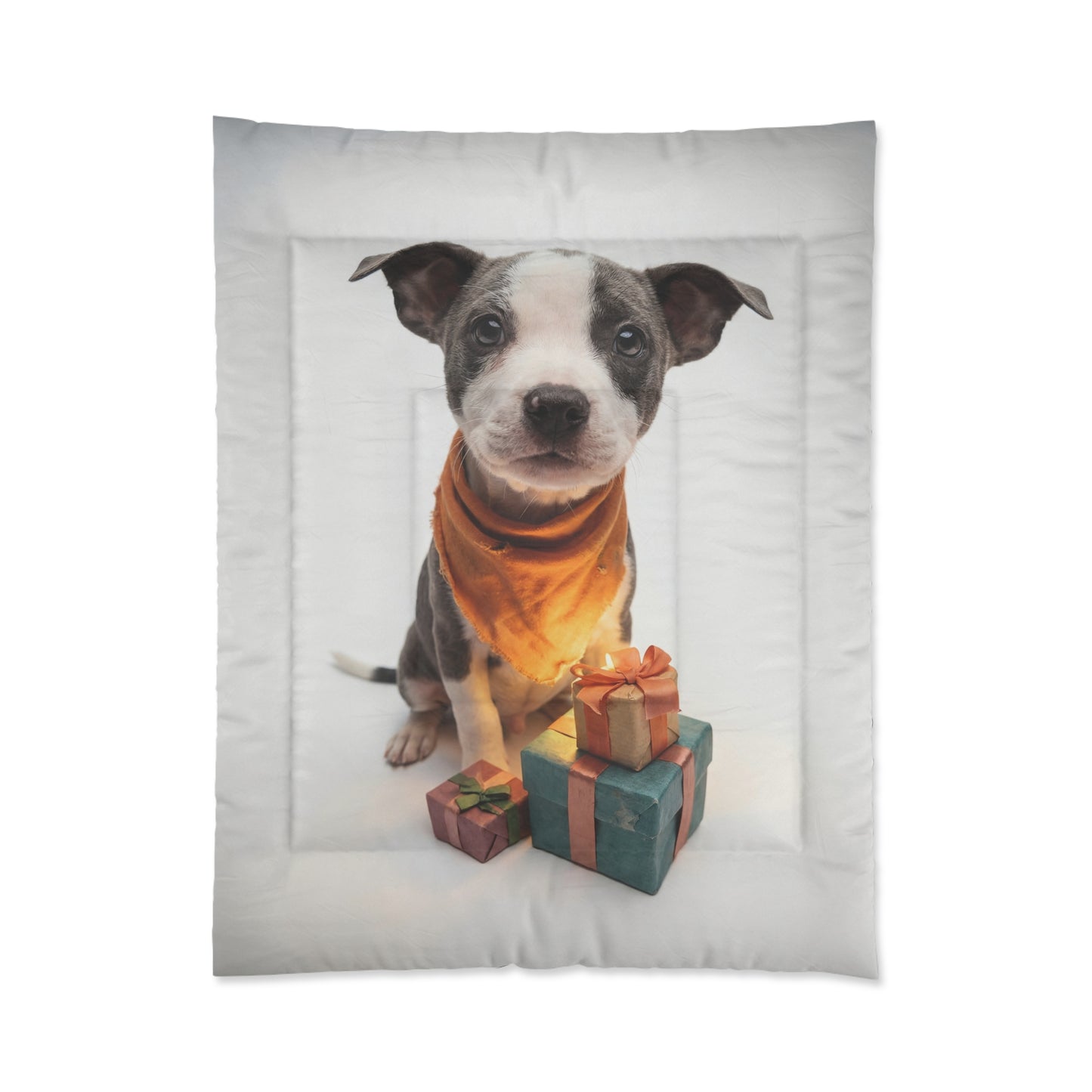 Gift-Wrapped Puppy Comforter – Warm Ember Whiskers & Crisp Paper Dreams