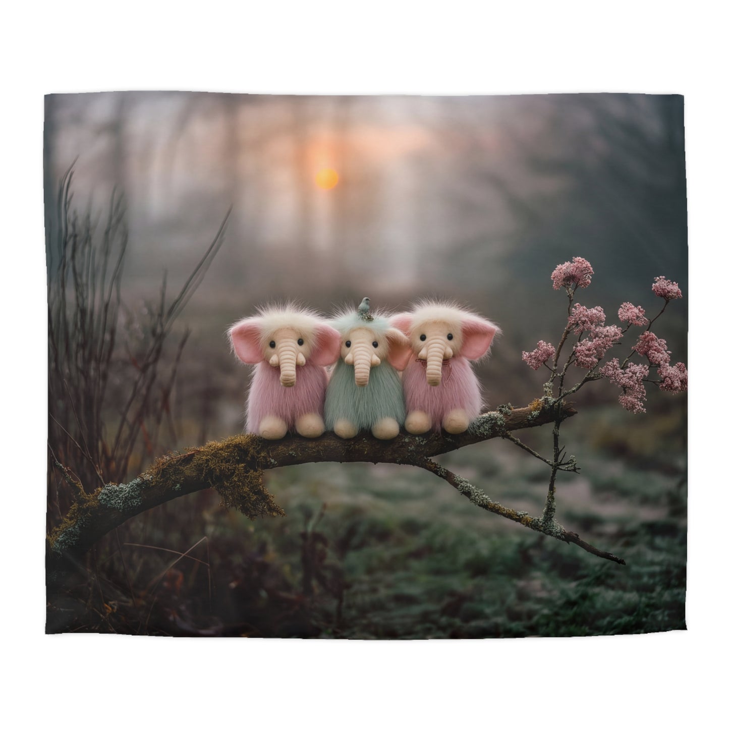Mossy Branch Elephant Trio Duvet Cover – Pastel Forest Guardians