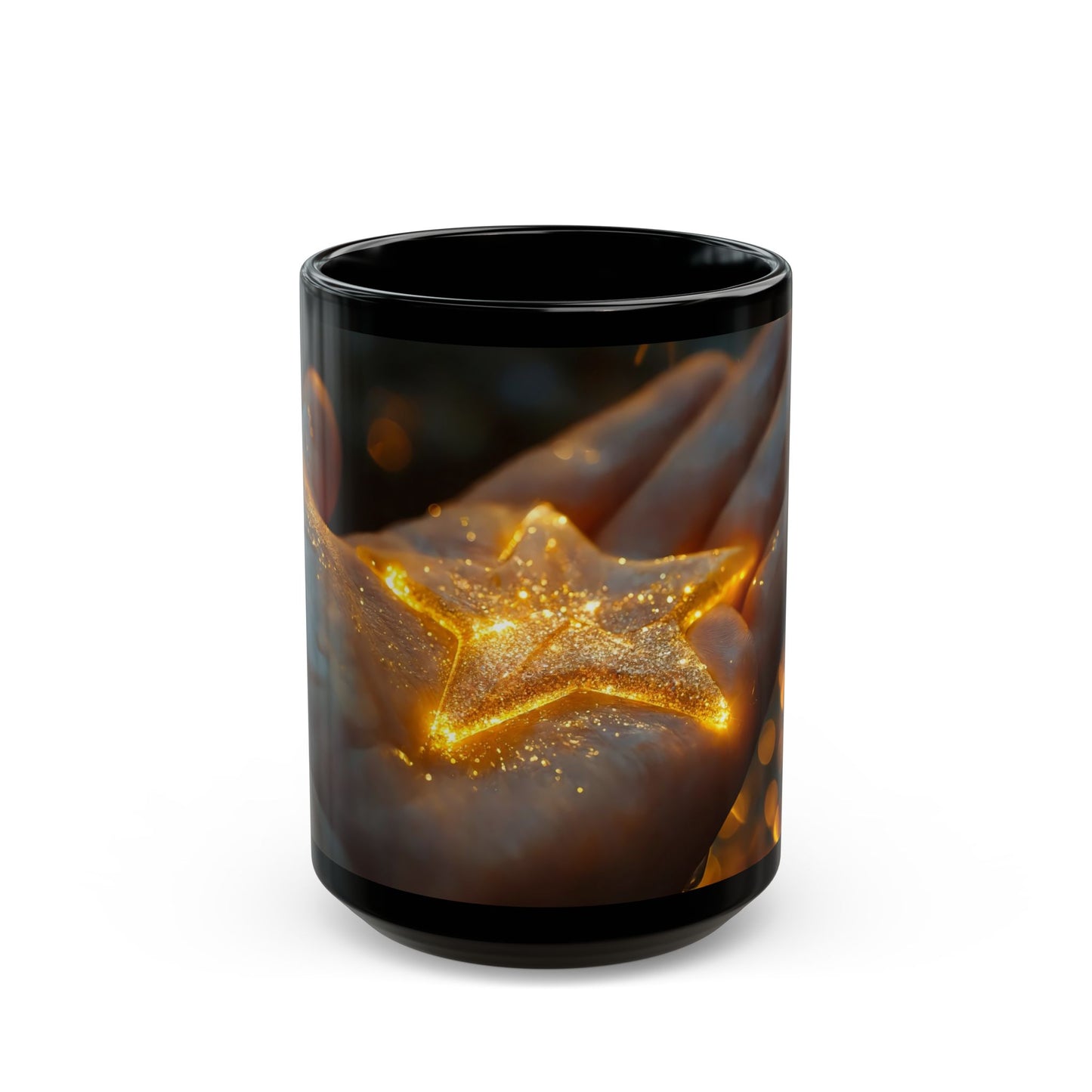 Glowing Star in Hand Black Mug – Warmth of a Held Wish