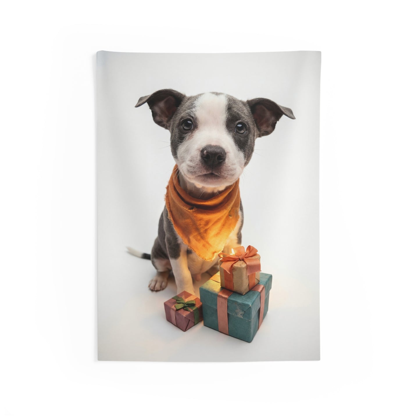 Puppy with Gifts Indoor Wall Tapestries – Warm Orange Bandana & Festive Presents
