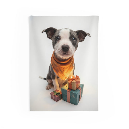 Puppy with Gifts Indoor Wall Tapestries – Warm Orange Bandana & Festive Presents