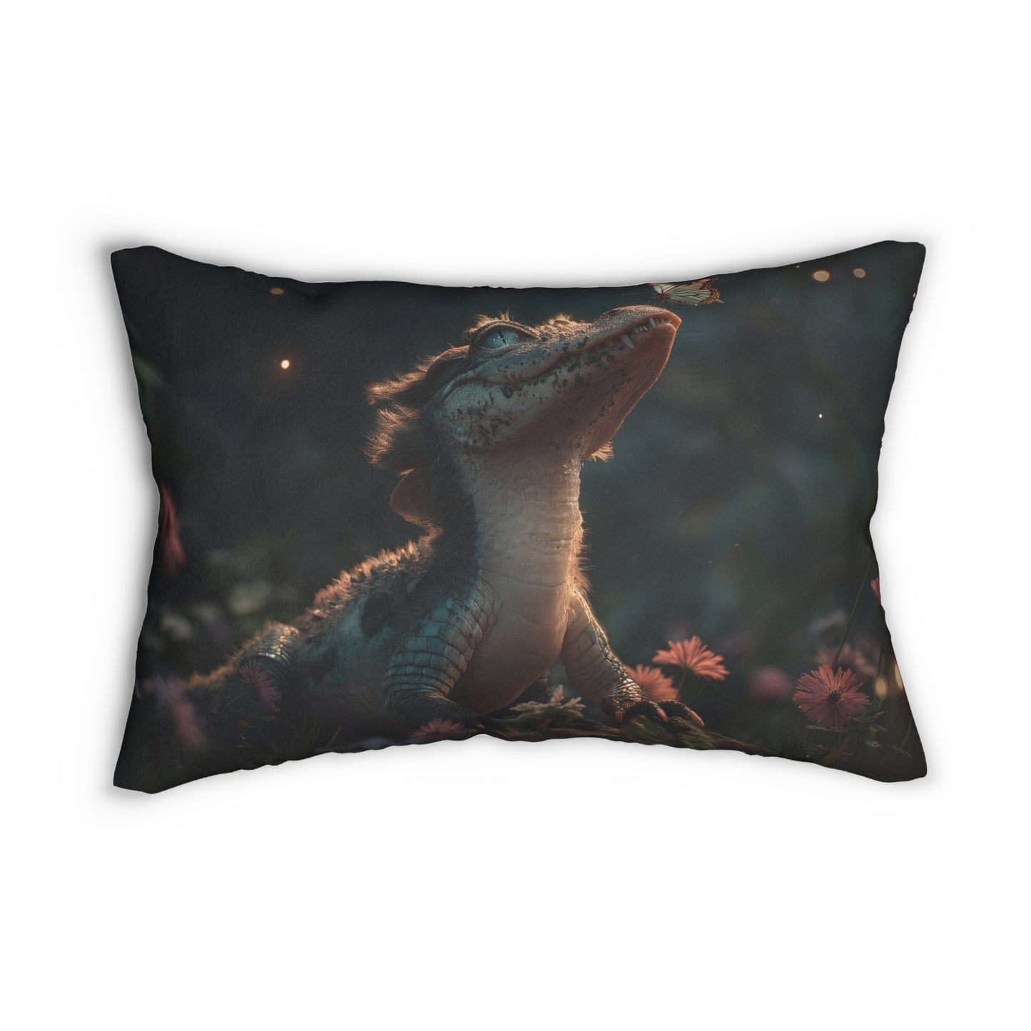 Gentle Crocodile & Butterfly Spun Polyester Lumbar Pillow – Twilight Meadow Whispers