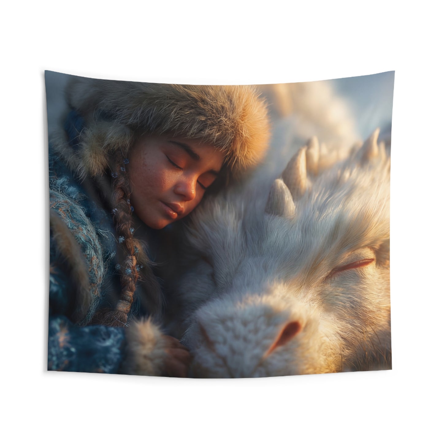 Winter’s Whisper Indoor Wall Tapestries – Child and Dragon in Frost Bloom