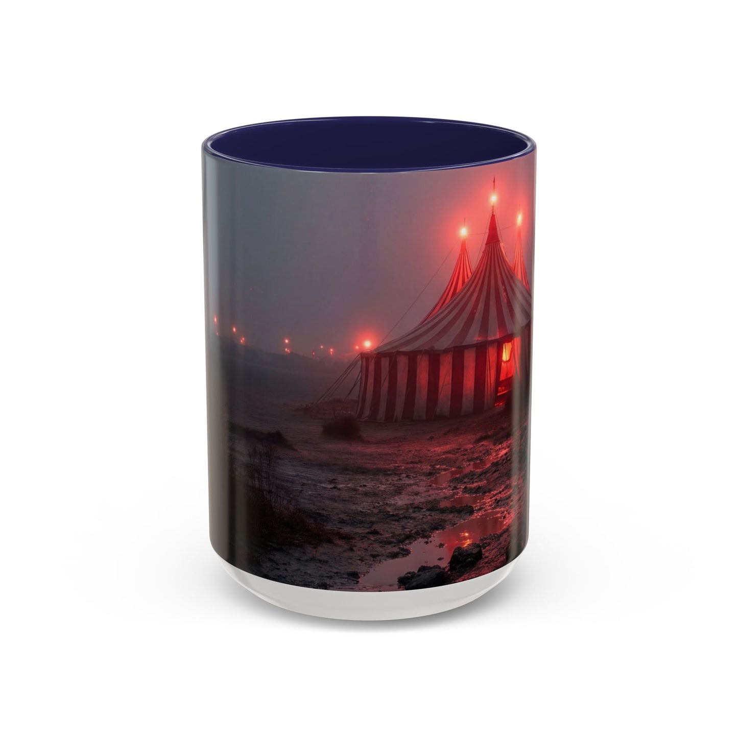 Crimson Circus Tent Accent Coffee Mug (11, 15oz) – Fog-Drenched Midnight Wonder