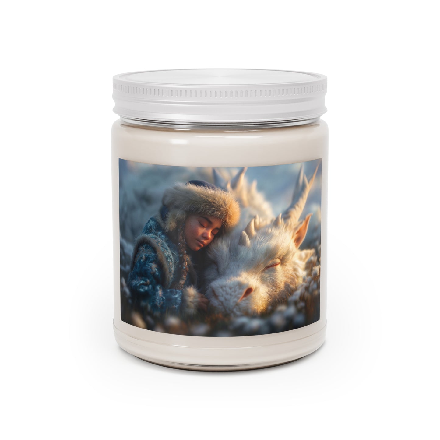 Winter Guardian Scented Soy Candles with White Lid, 9oz – Sunset Embrace with Frost Dragon
