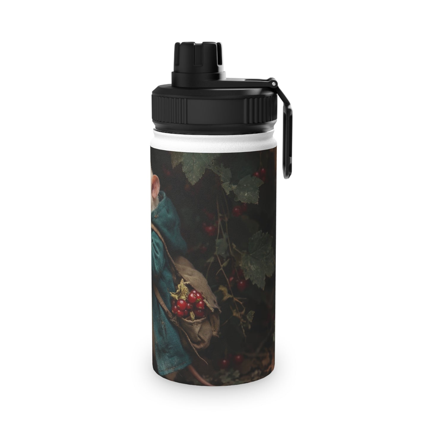 Candlelit Rat Forager Stainless Steel Water Bottle, Sports Lid – Autumn Berry Harvest