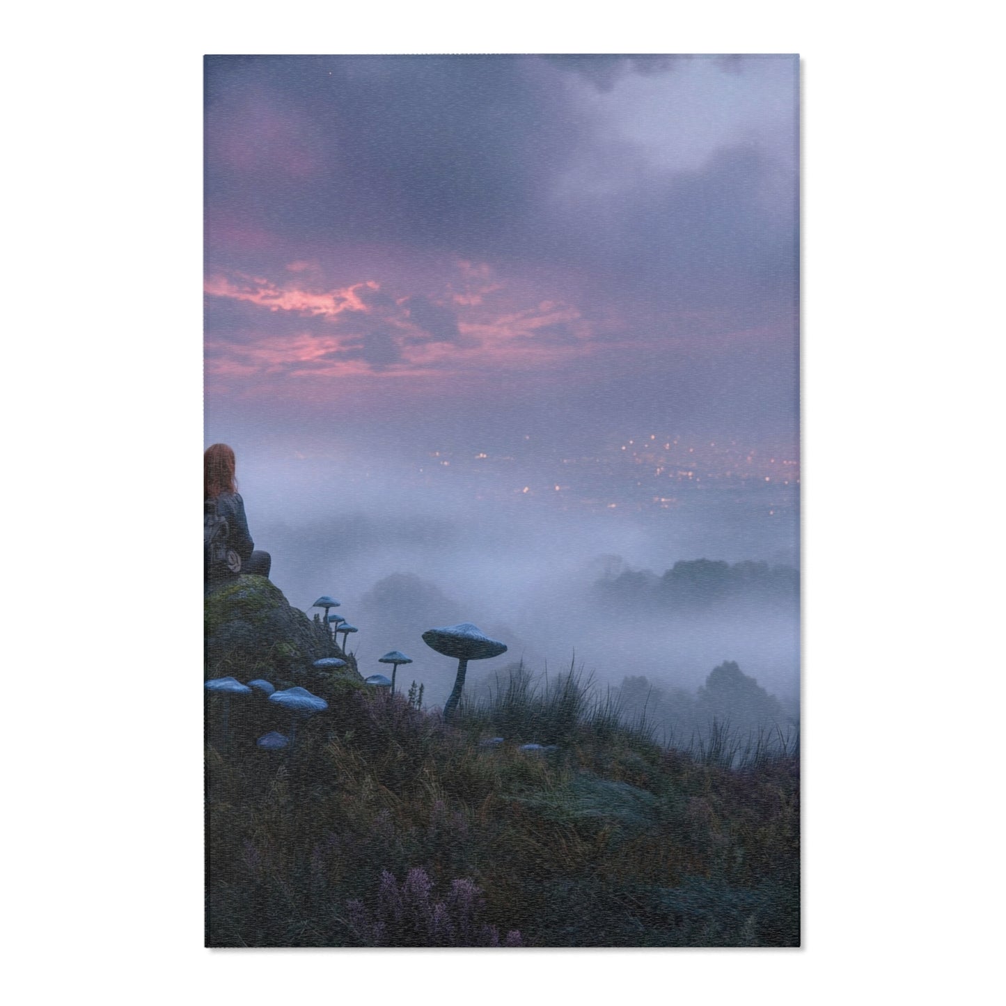 Moonlit Sentinel Area Rugs – Crimson Sky Over Misty Peaks