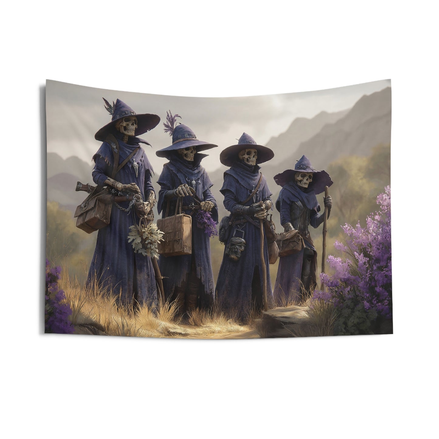Four Wandering Witches Wall Tapestry – Purple Hooded Skeletal Pilgrims
