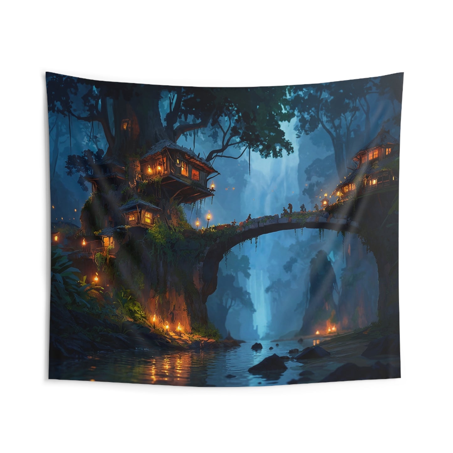 Whispering Canopy Bridge Tapestry – Glowlit Jungle Village at Dusk
