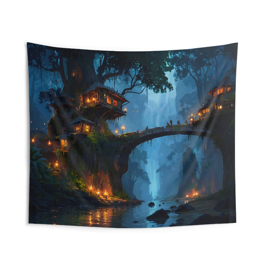 Whispering Canopy Bridge Tapestry – Glowlit Jungle Village at Dusk
