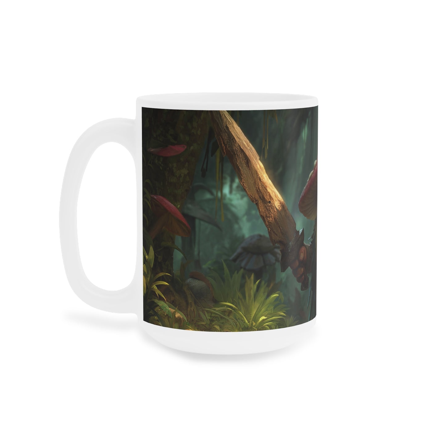 Forest Guardian Mushroom Warrior Ceramic Mugs (11oz\15oz\20oz) – Sunlit Canopy Embrace