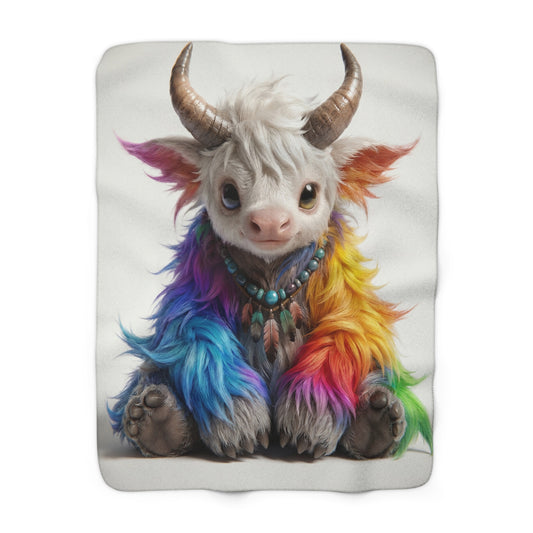 Rainbow Horned Guardian Sherpa Fleece Blanket – Whimsical Spirit with Hues of Wonder