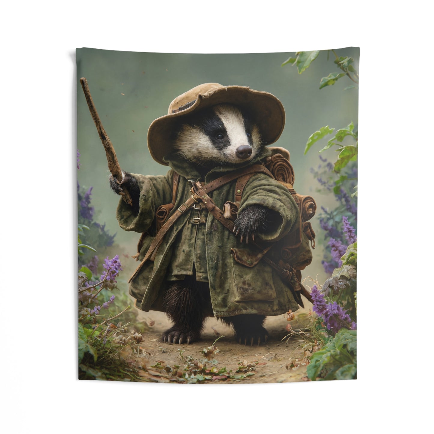 Badger Explorer Wall Tapestry – Mossy Path Through Purple Wildflowers