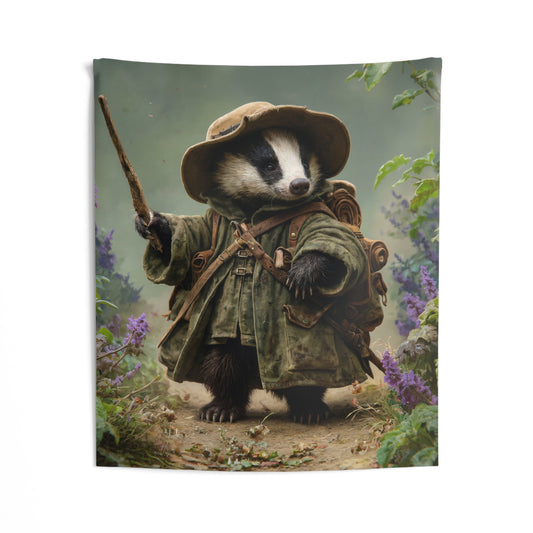 Badger Explorer Wall Tapestry – Mossy Path Through Purple Wildflowers