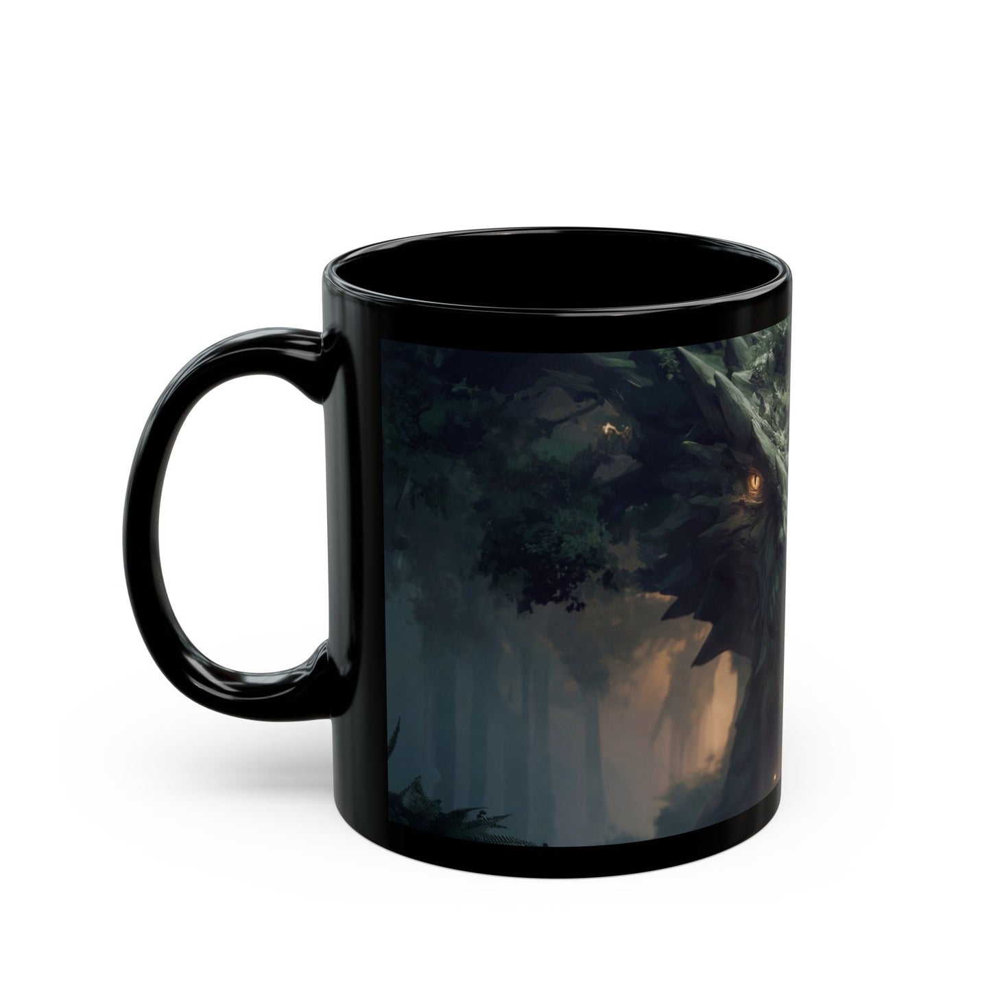 Ancient Dragon Guardian Black Mug – Forest Cathedral at Dusk