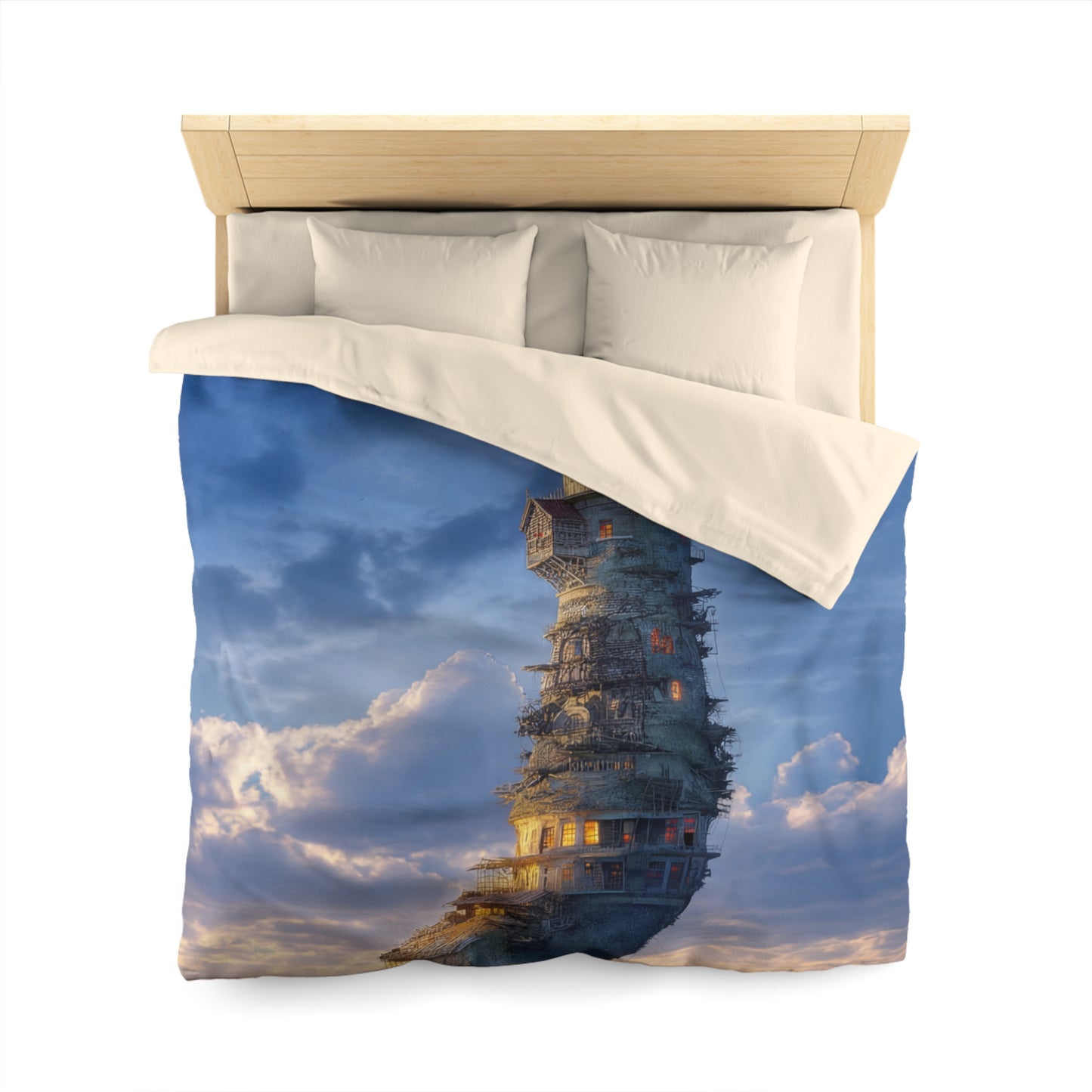 Skyward Lighthouse Microfiber Duvet Cover – A Beacon Through Twilight Clouds