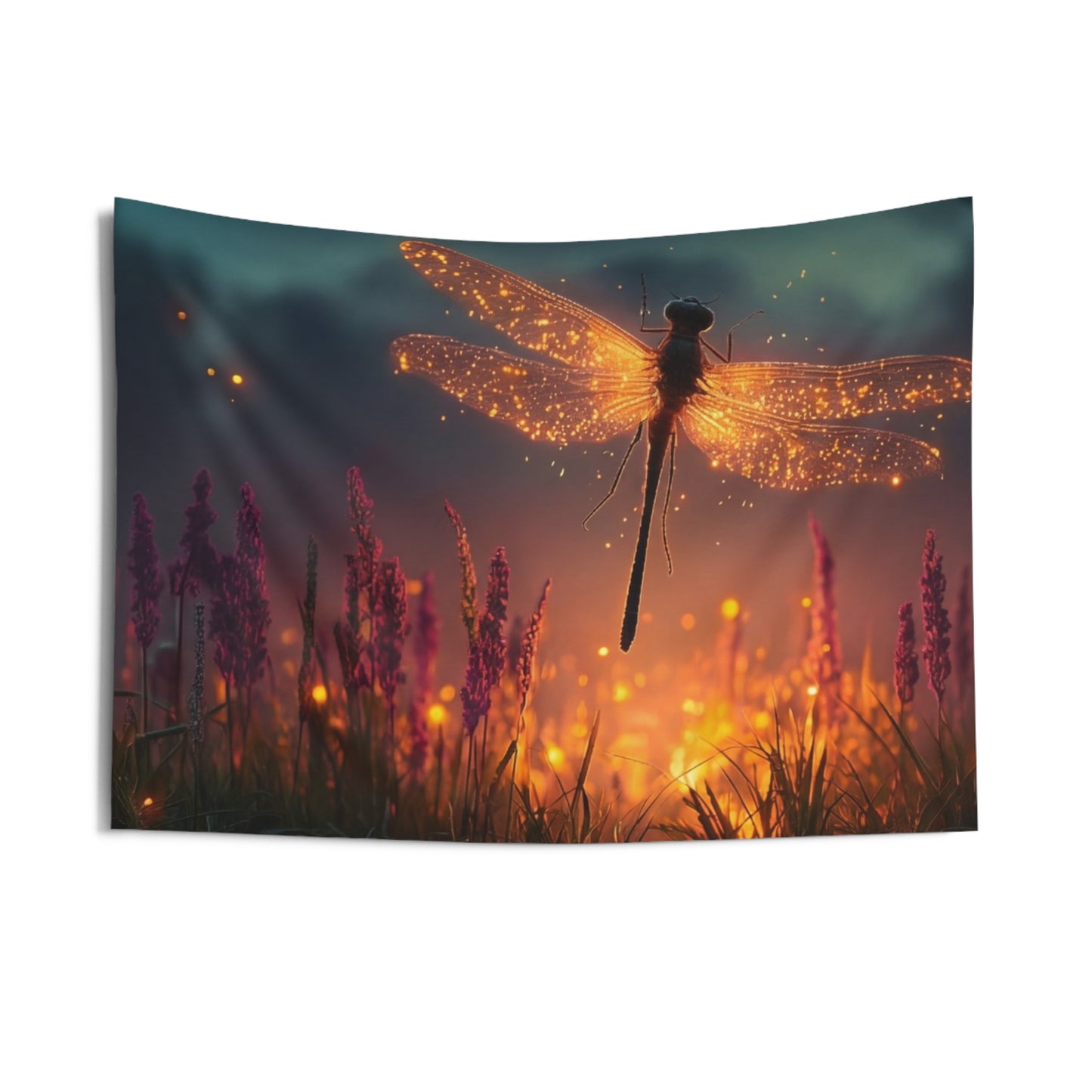 Glowing Dragonfly Indoor Wall Tapestries – Twilight Firefly Serenade