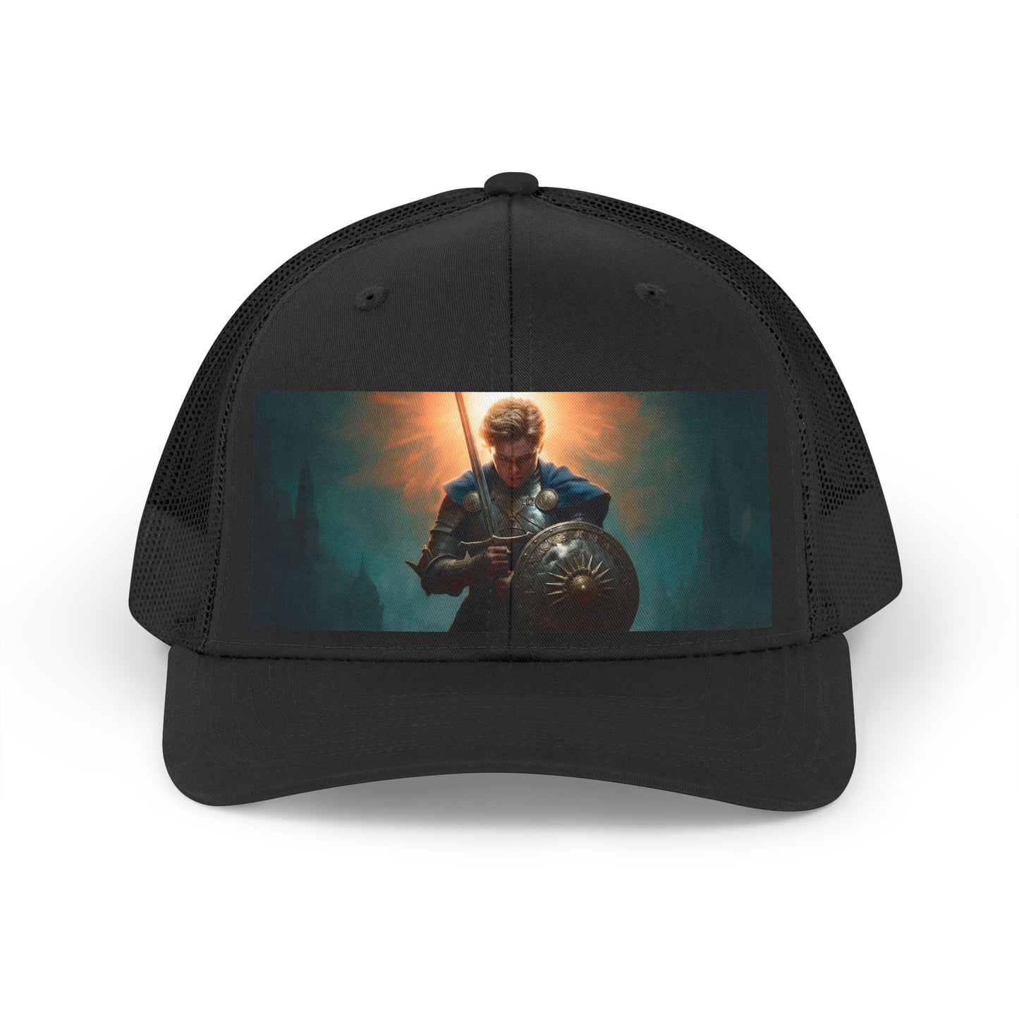 Dawnblade Knight Trucker Retro Hat – Radiant Resolve in Bronze and Blue