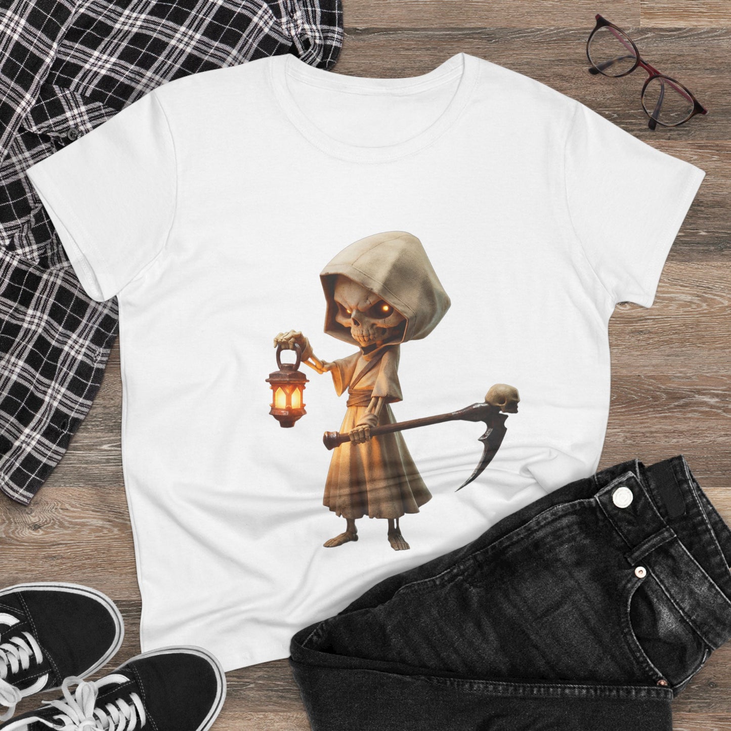 Lantern-Bearing Guardian Women's Midweight Cotton Tee – Hollowed Bone Sentinel