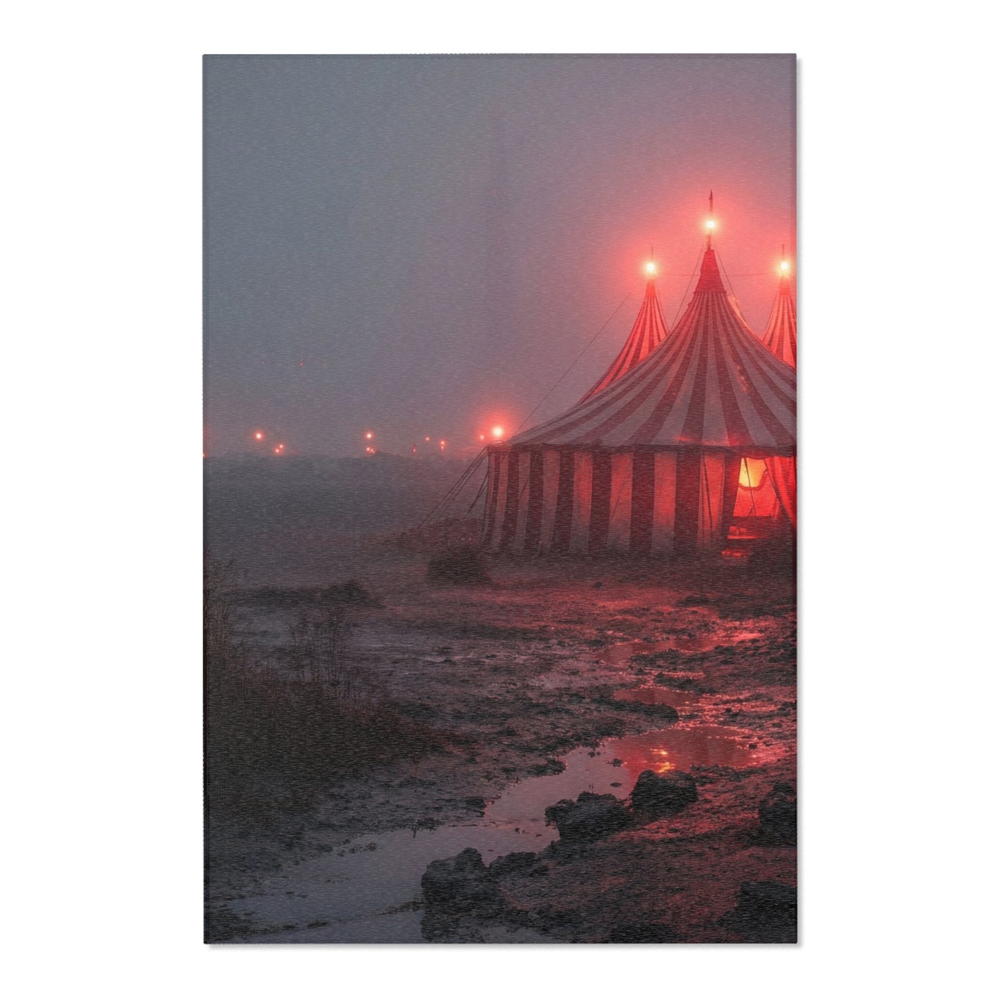 Crimson Circus Tent Area Rug – Fogbound Wonder on the Shore