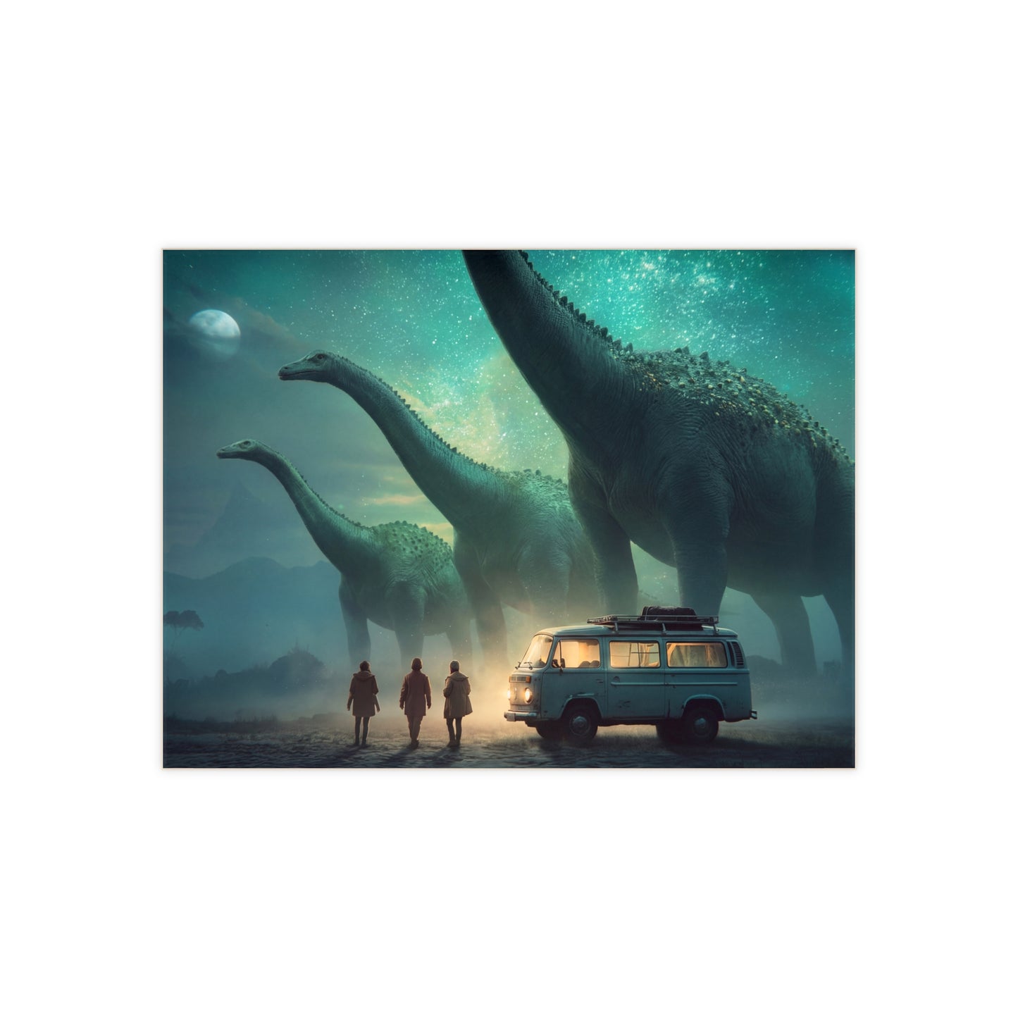 Dinosaur Encounter Ceramic Photo Tile – Midnight Campsite Under Starry Skies